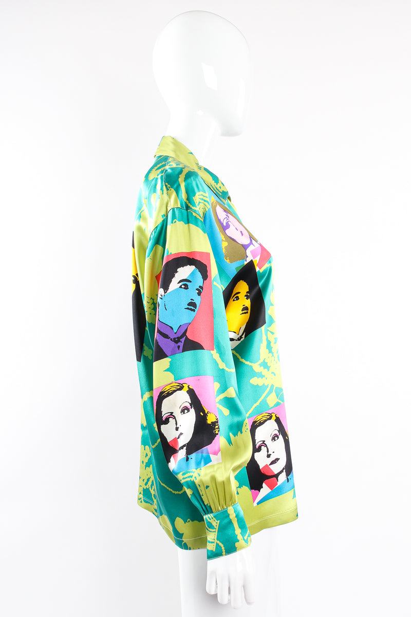 Vintage Escada Satin Silent Film Pop Art Shirt on Mannequin side at Recess Los Angeles