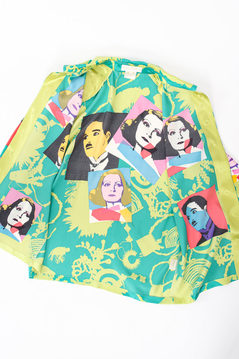 Vintage Escada Satin Silent Film Pop Art Shirt flat open at Recess Los Angeles