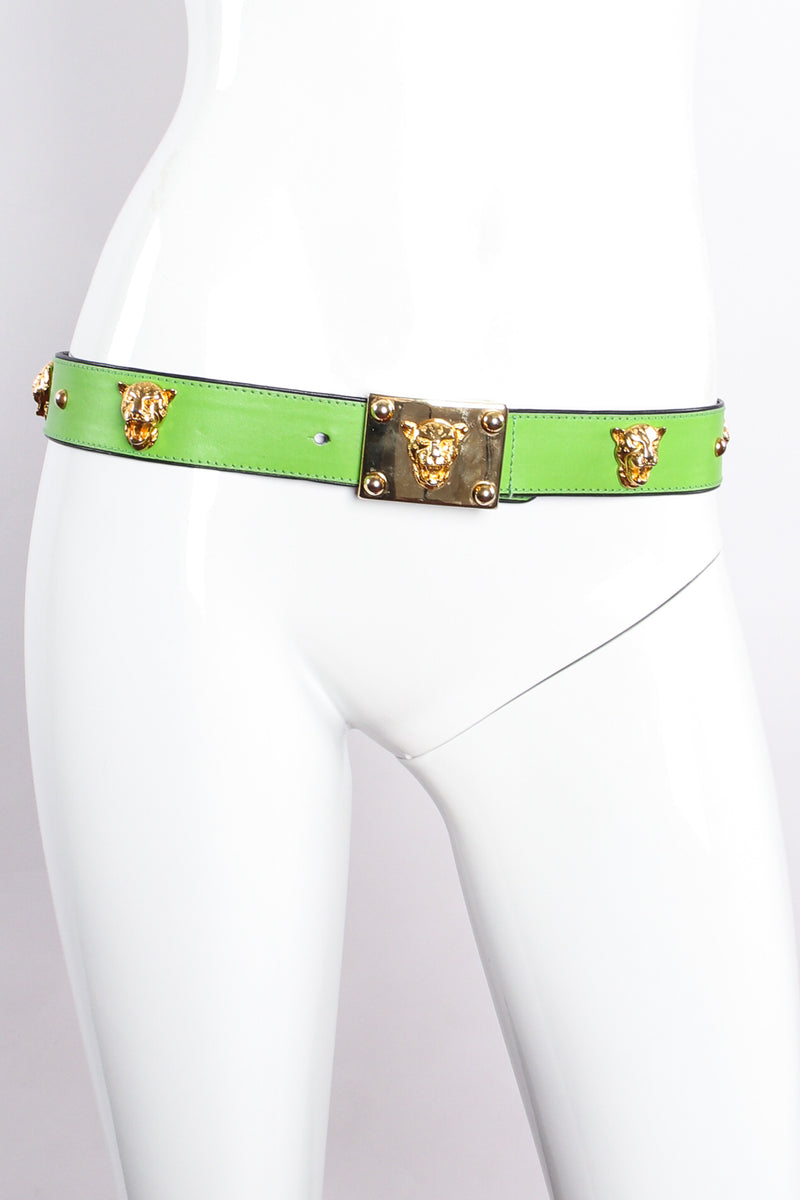 Vintage Escada Lime Leopard Stud Buckle Belt on mannequin at Recess Los Angeles