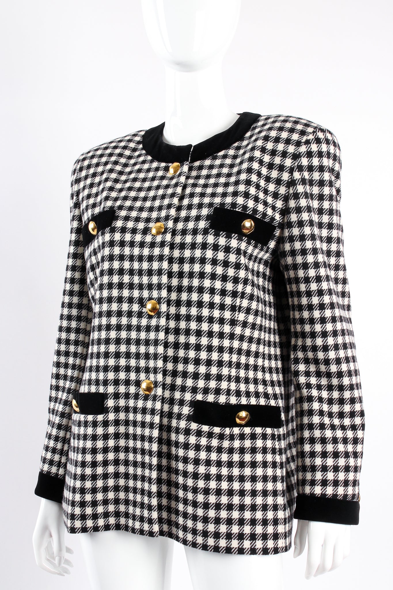 Vintage Escada Collarless Houndstooth Jacket on Mannequin angle at Recess Los Angeles