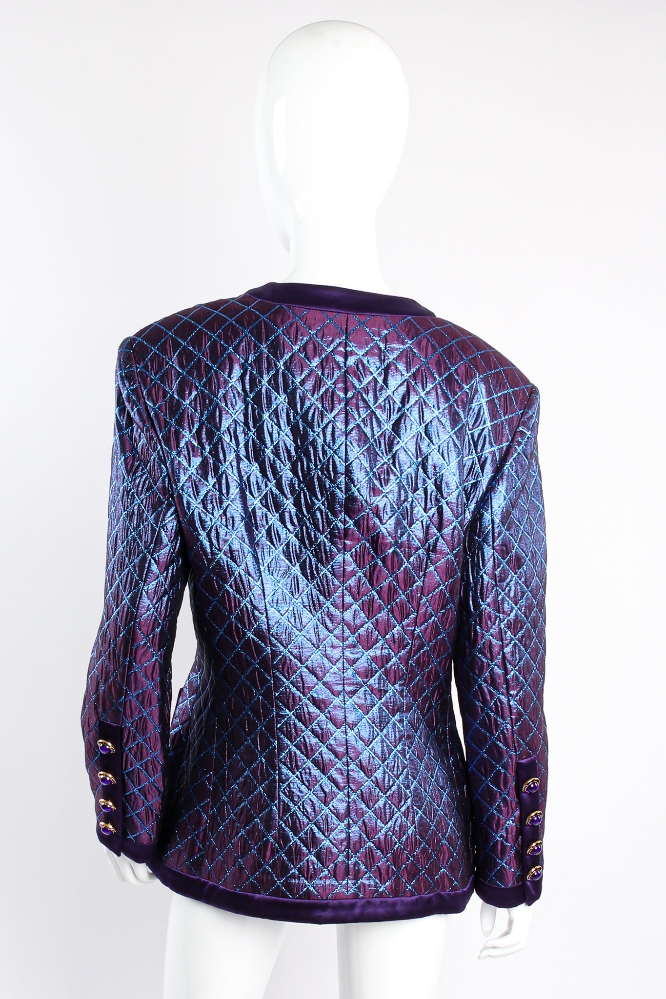 Vintage Escada Metallic Quilted Diamond Brocade Jacket Set on mannequin back at Recess Los Angeles