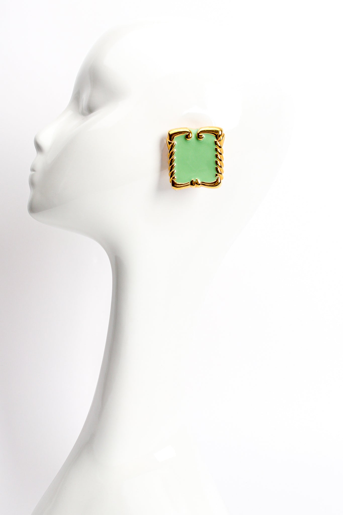 Vintage Escada Mint Enamel Baroque Frame Earrings on mannequin at Recess Los Angeles