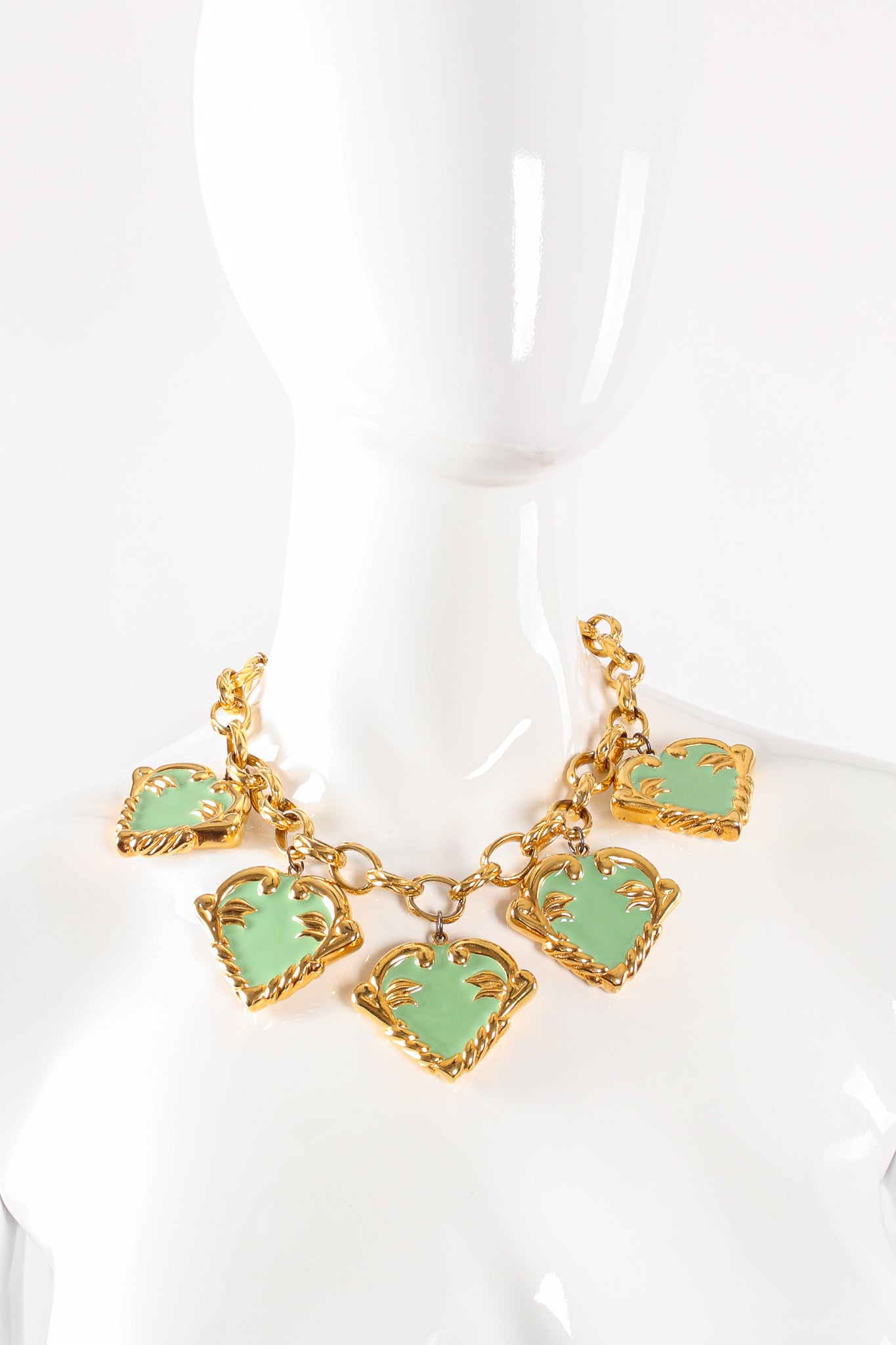 Vintage Escada Mint Enamel Hearts Charm Necklace on mannequin at Recess Los Angeles