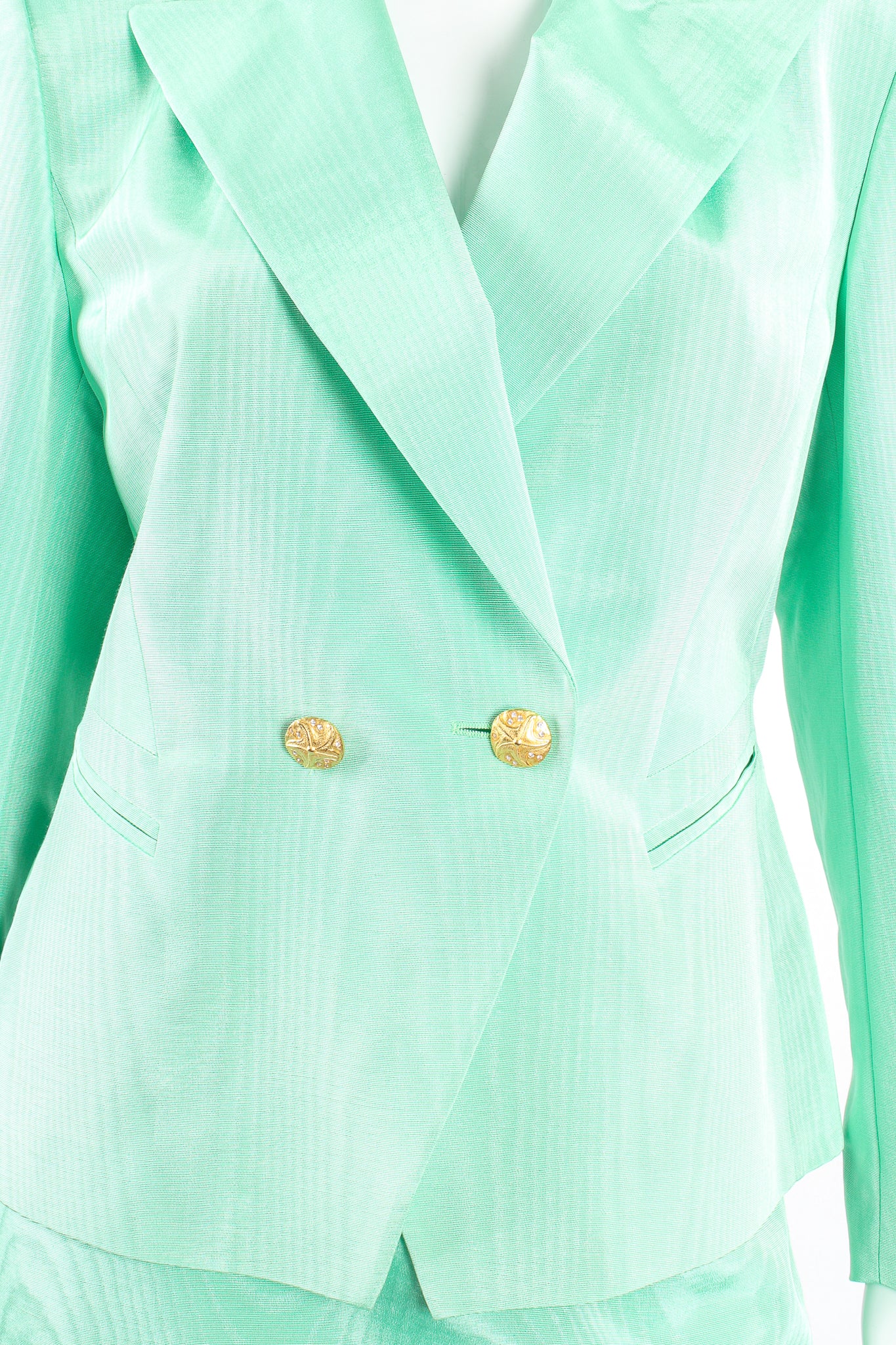 Vintage Escada Mint Moiré Jacket & Skirt Suit on Mannequin waist at Recess Los Angeles