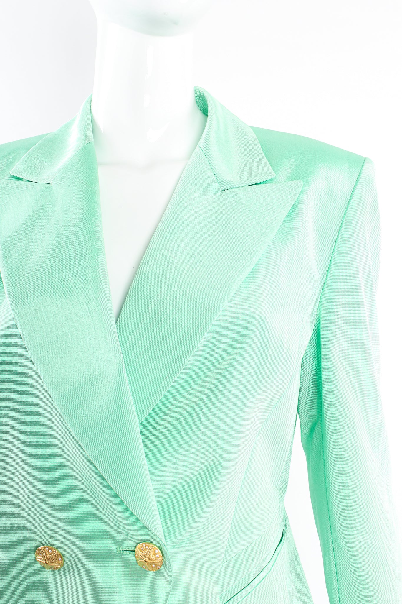 Vintage Escada Mint Moiré Jacket & Skirt Suit on Mannequin shoulder at Recess Los Angeles