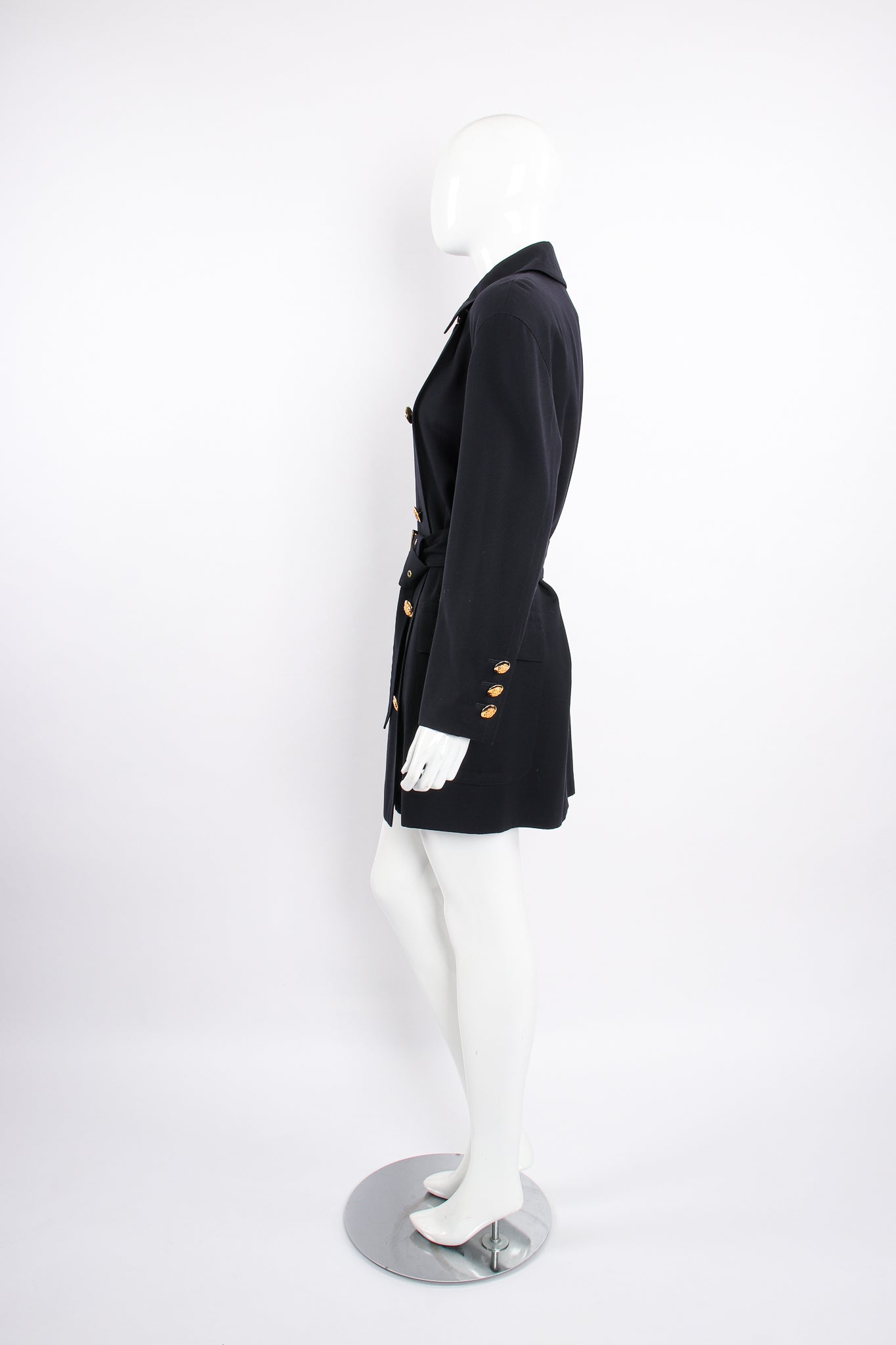 Vintage Escada Navy Belted Twill Trench on Mannequin side at Recess Los Angeles