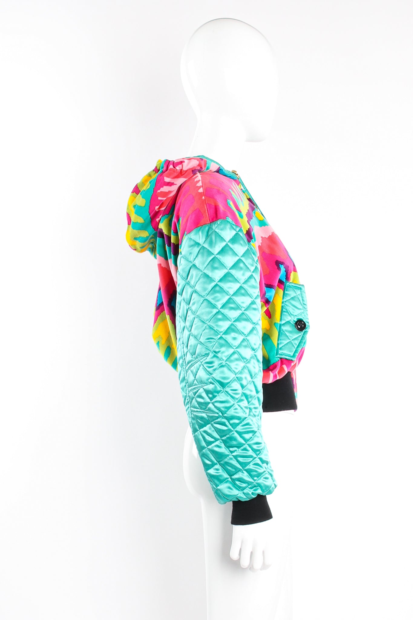 Vintage Escada Velvet Ikat Hooded Bomber Jacket on Mannequin side at Recess Los Angeles