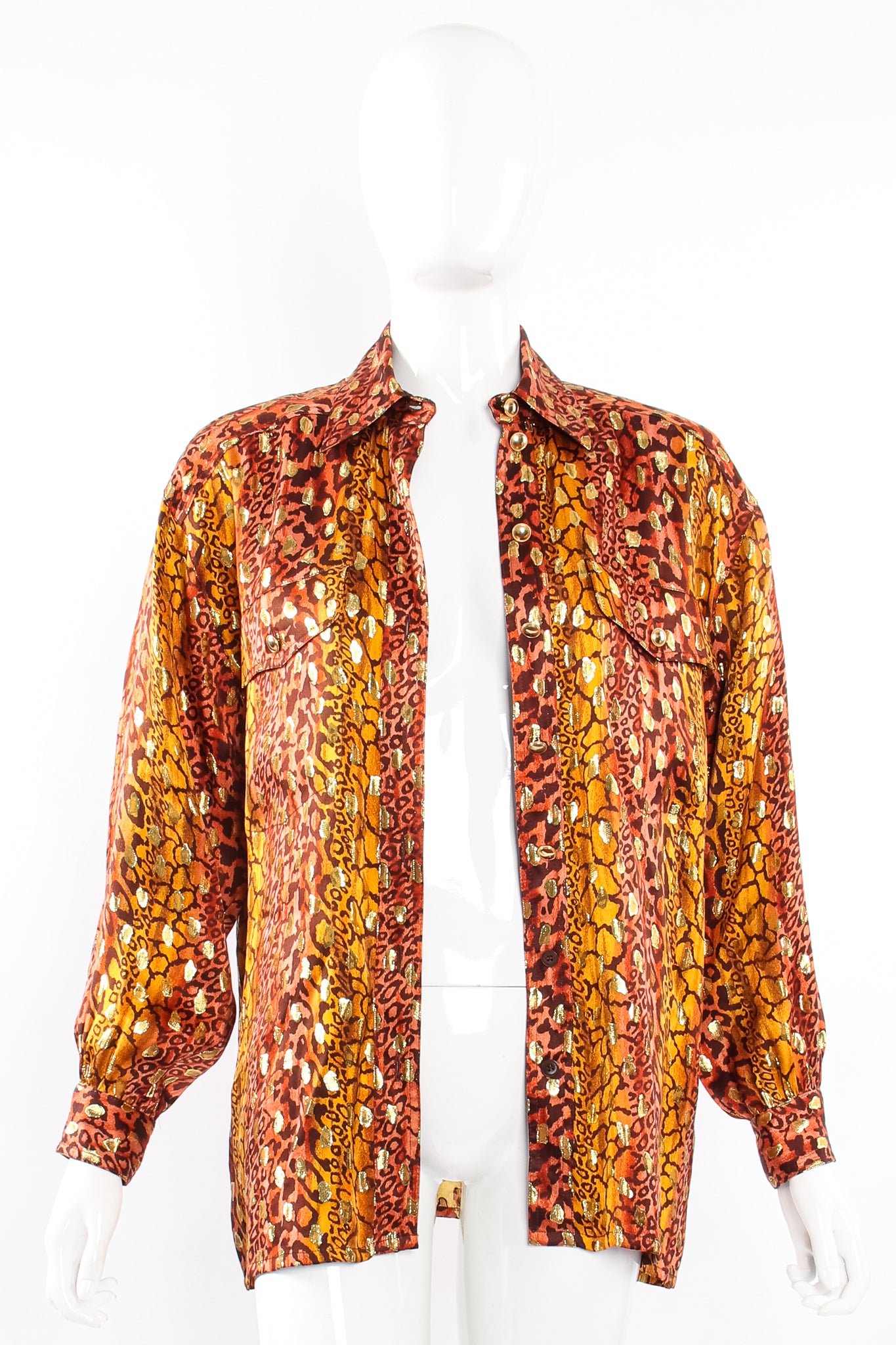 Vintage Escada Fiery Animal Print Brocade Shirt on mannequin open at Recess Los Angeles