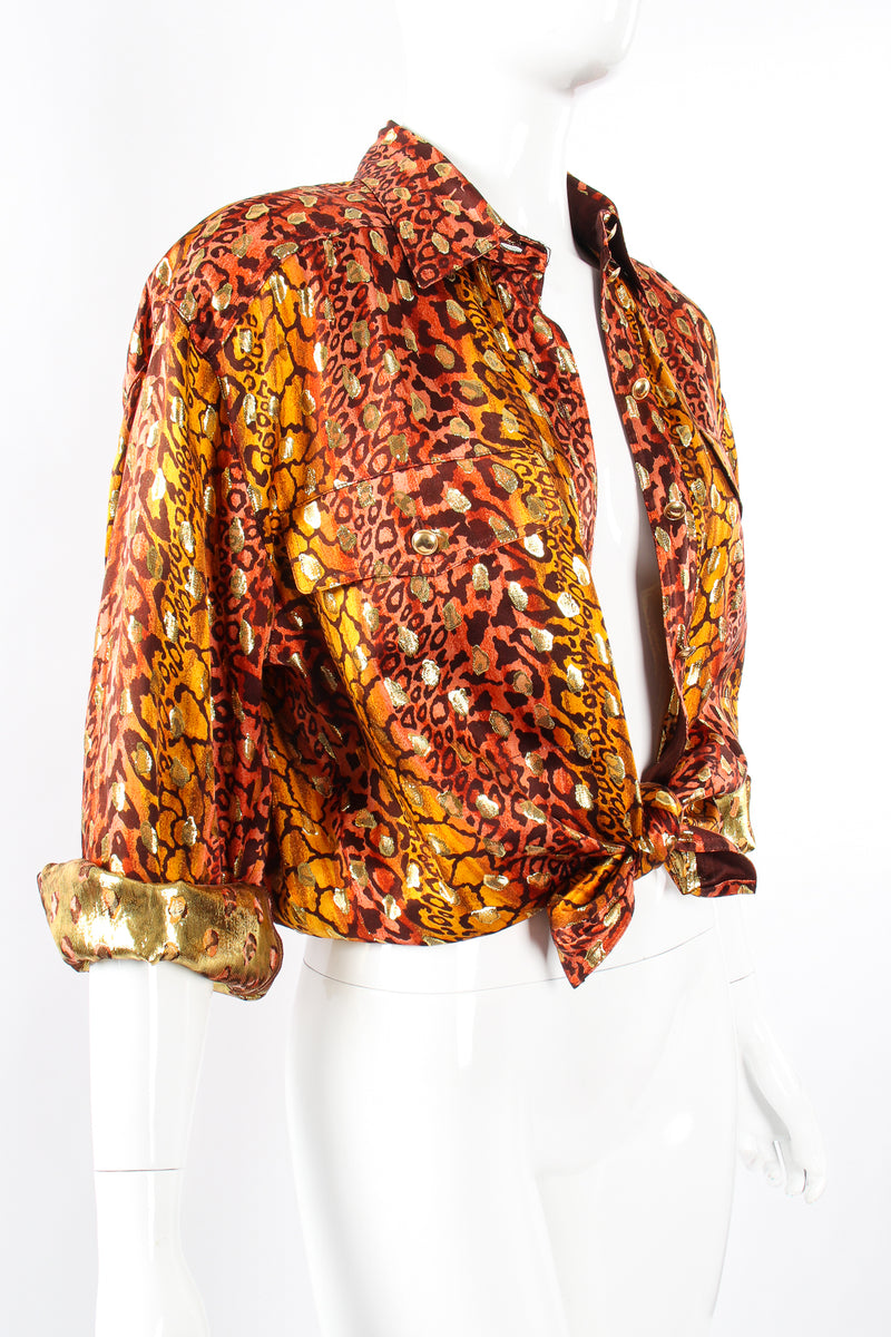 Vintage Escada Fiery Animal Print Brocade Shirt on mannequin tied at Recess Los Angeles