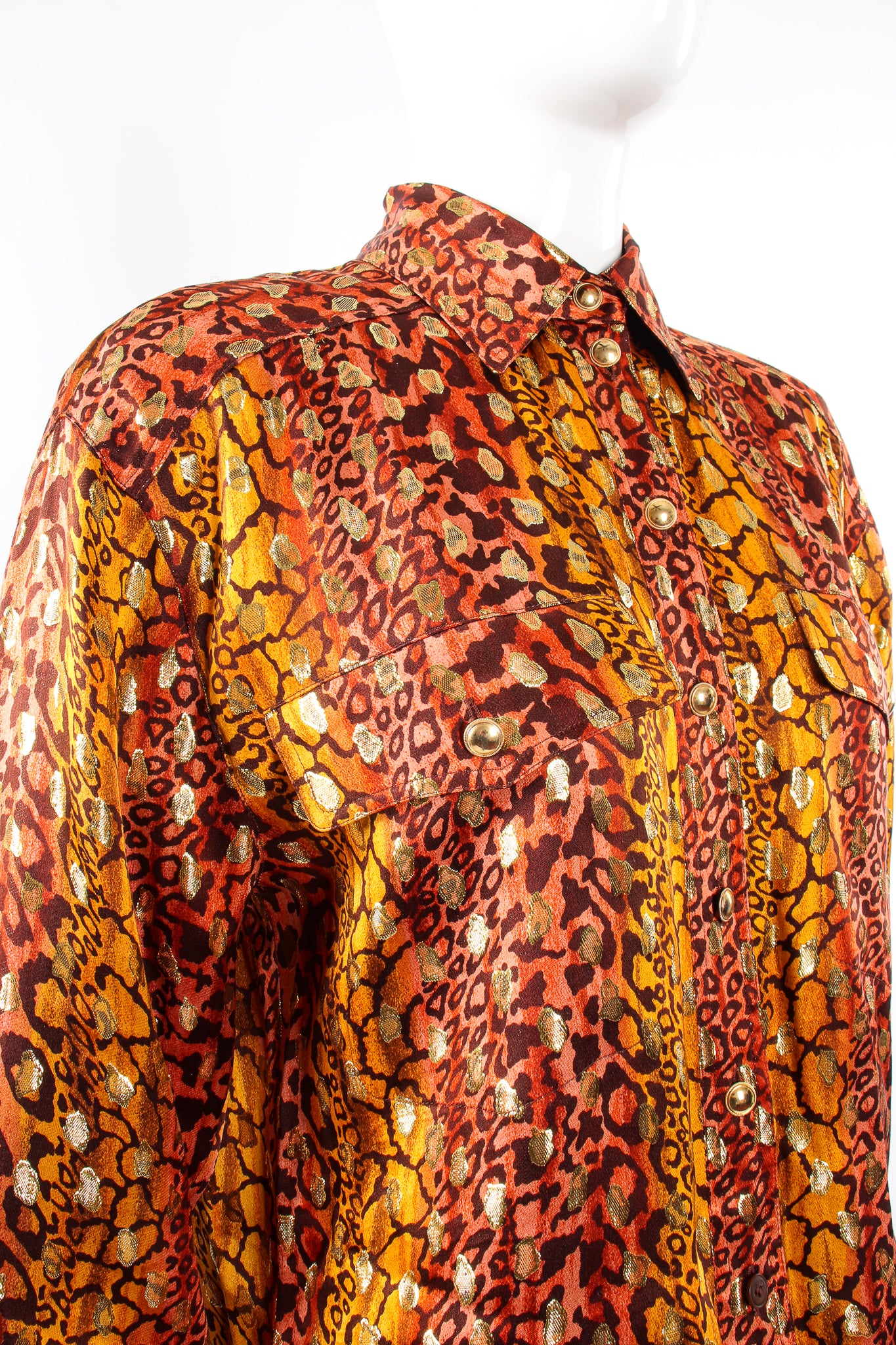 Vintage Escada Fiery Animal Print Brocade Shirt on mannequin pockets at Recess Los Angeles