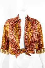 Vintage Escada Fiery Animal Print Brocade Shirt on mannequin tied at Recess Los Angeles