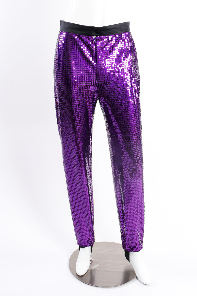 Vintage Escada Royal Purple Sequin Stirrup Pant on mannequin front at Recess Los Angeles