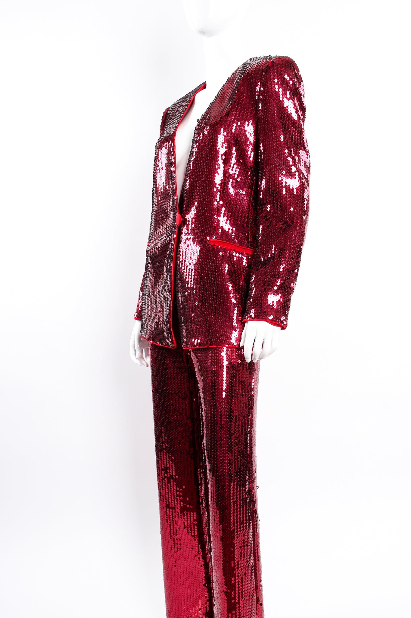 Vintage Escada Sequined Jacket & Pant Suit on Mannequin crop angle at Recess LA