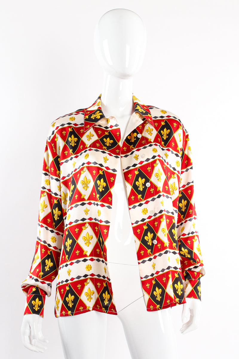 Vintage Escada Fleur de Lys Harlequin Print Shirt on Mannequin open at Recess Los Angeles