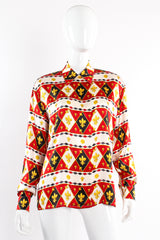 Vintage Escada Fleur de Lys Harlequin Print Shirt on Mannequin front at Recess Los Angeles