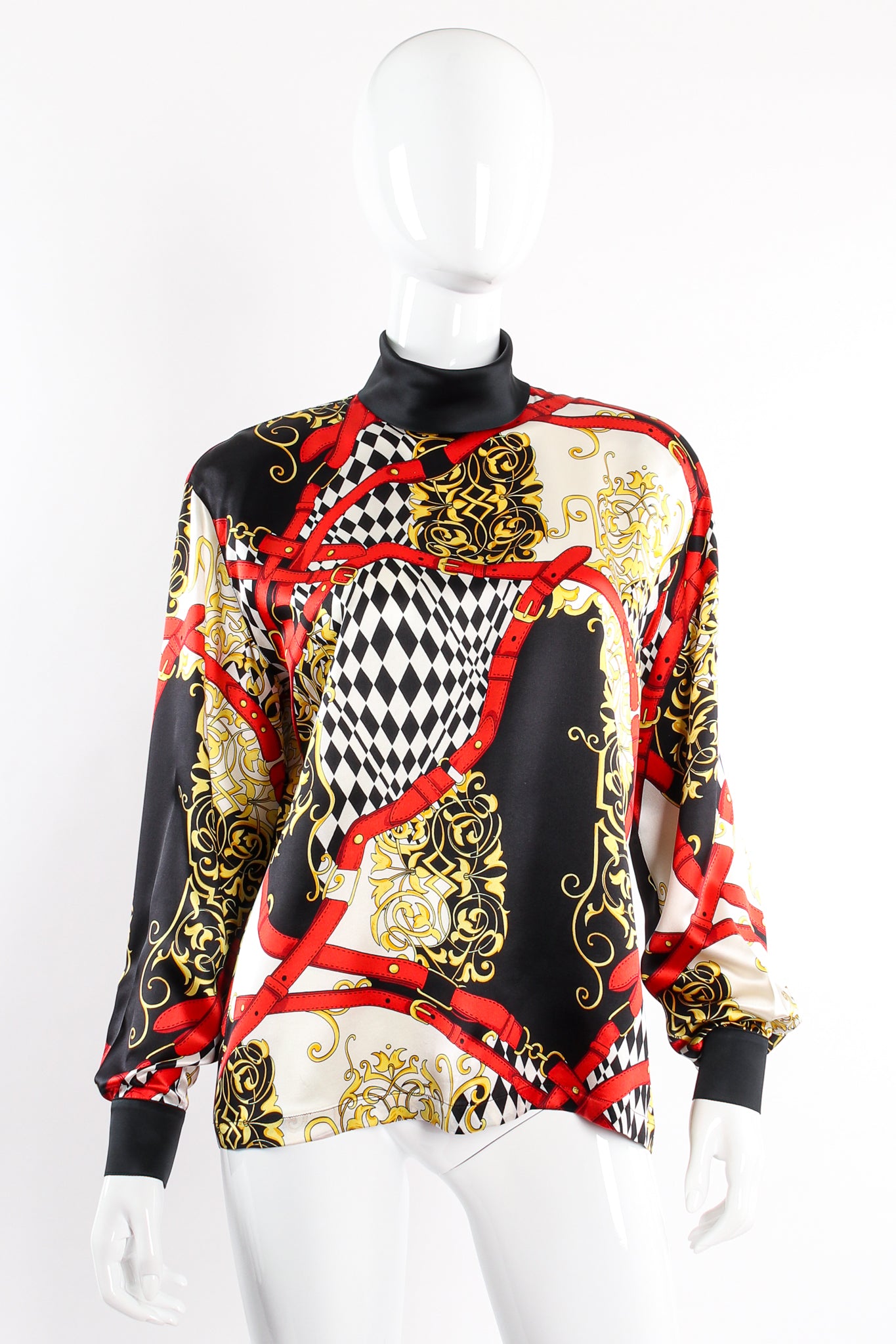 Vintage Escada Baroque Belt Print Mock Neck Blouse on mannequin front at Recess Los Angeles