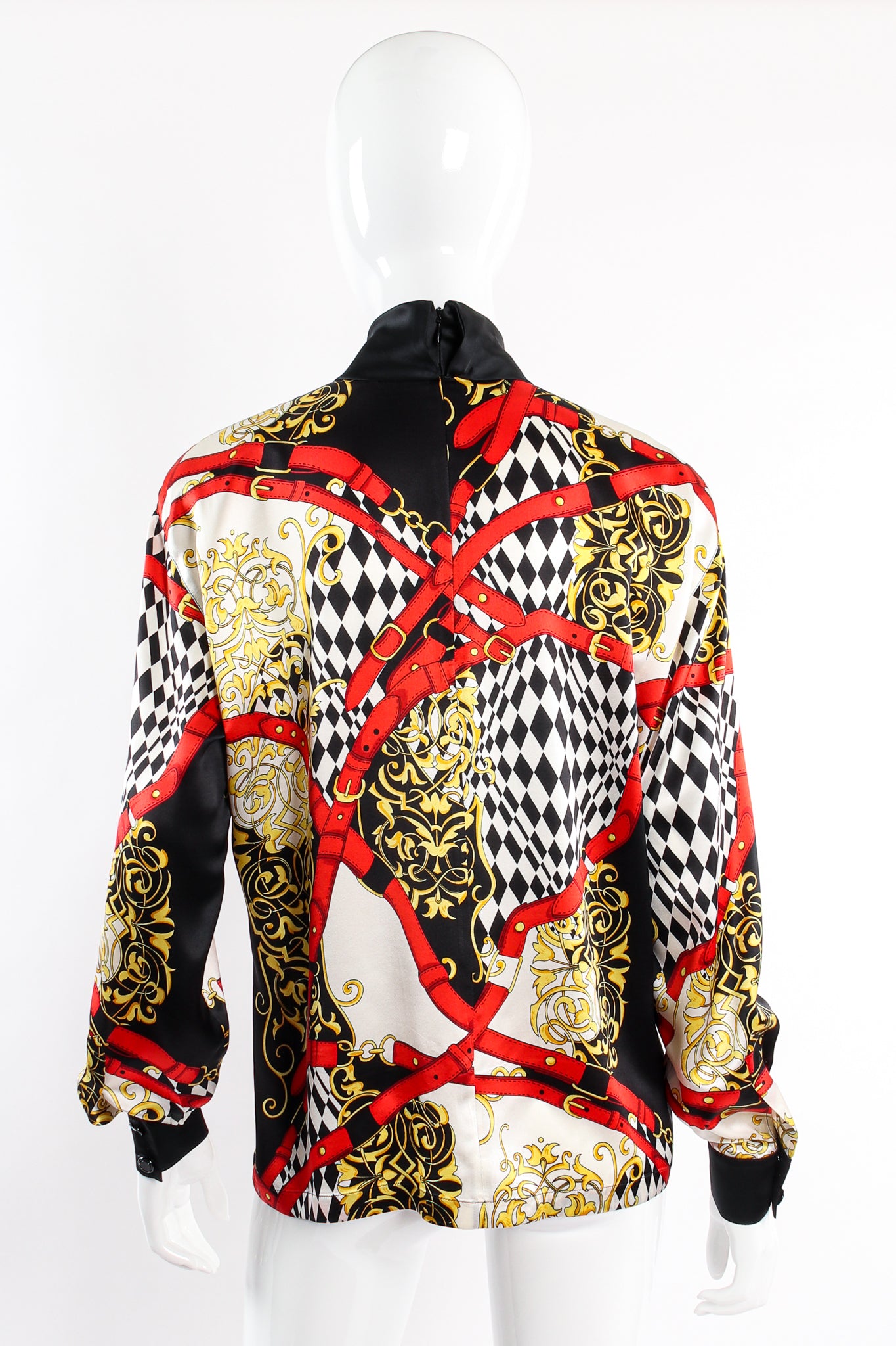 Vintage Escada Baroque Belt Print Mock Neck Blouse on mannequin back at Recess Los Angeles