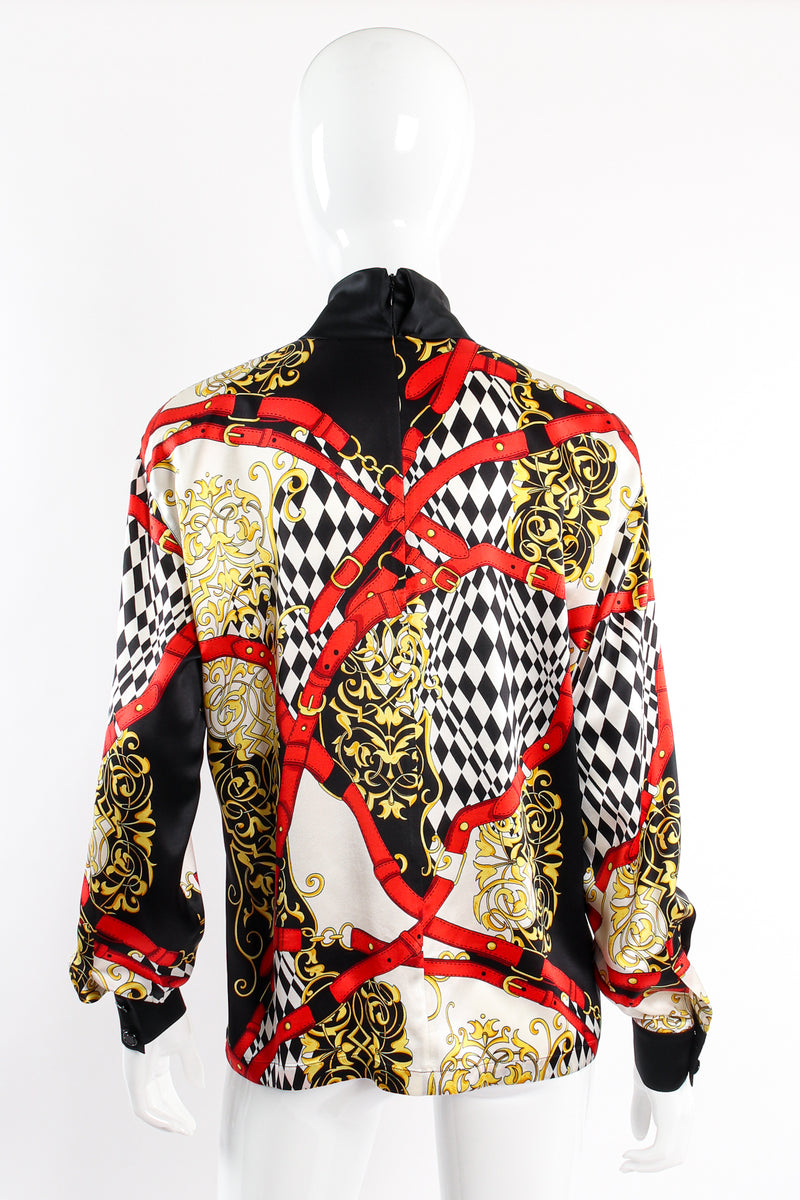 Vintage Escada Baroque Belt Print Mock Neck Blouse on mannequin back at Recess Los Angeles