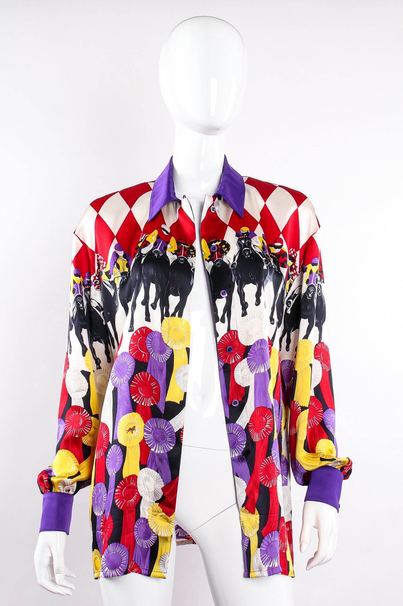 Vintage Escada Horse Race Medal Winner Silk Shirt on Mannequin open at Recess LA