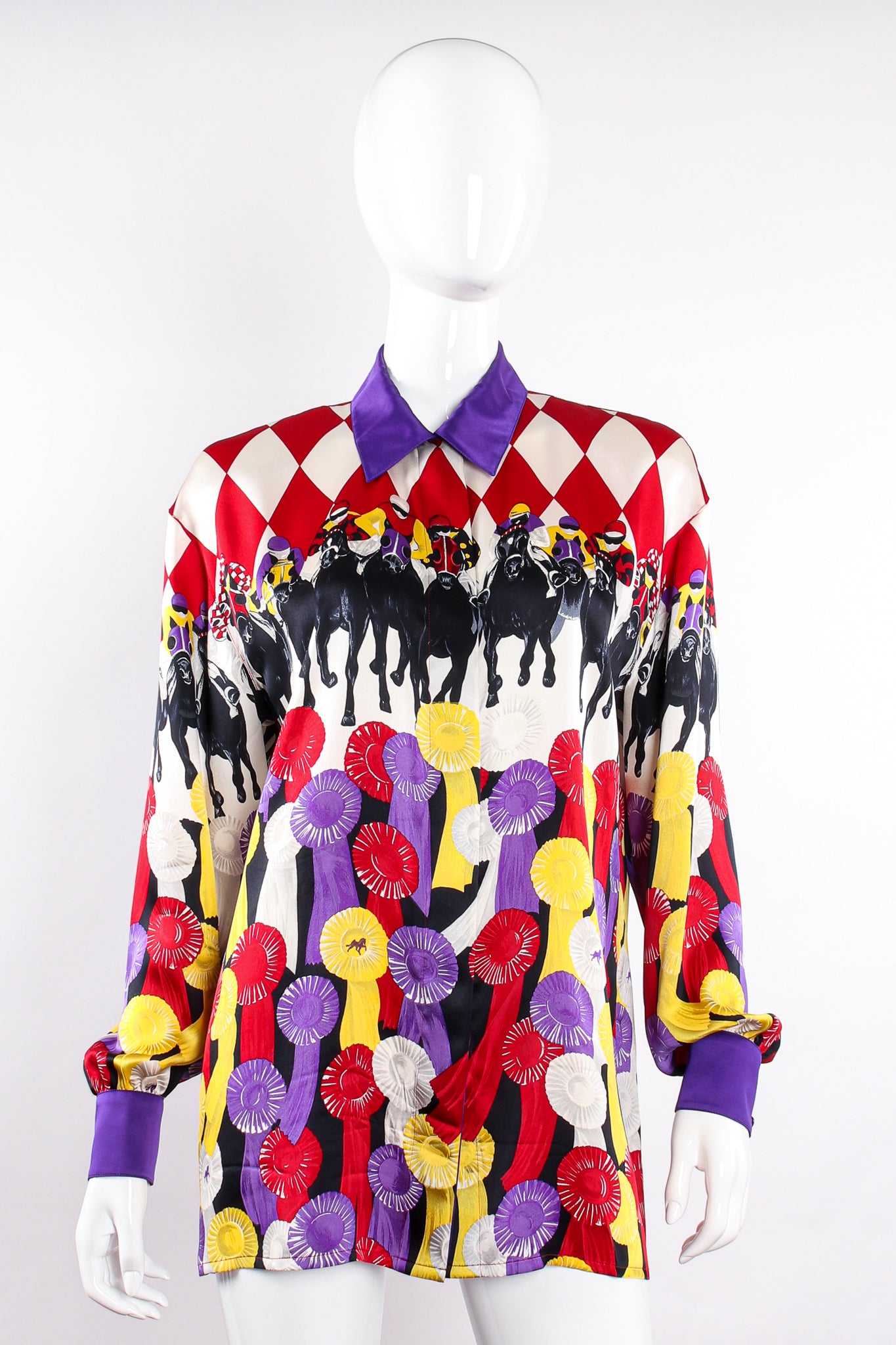 Vintage Escada Horse Race Medal Winner Silk Shirt on Mannequin front at Recess LA