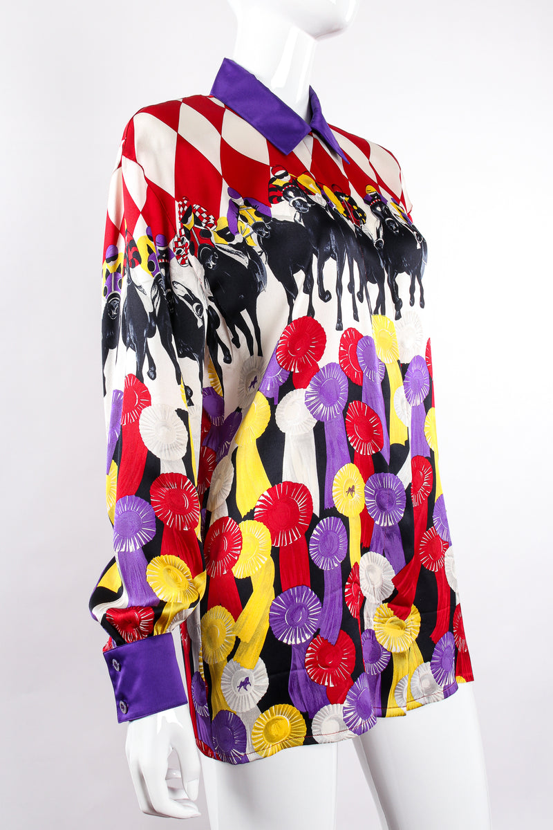 Vintage Escada Horse Race Medal Winner Silk Shirt on Mannequin angle at Recess LA