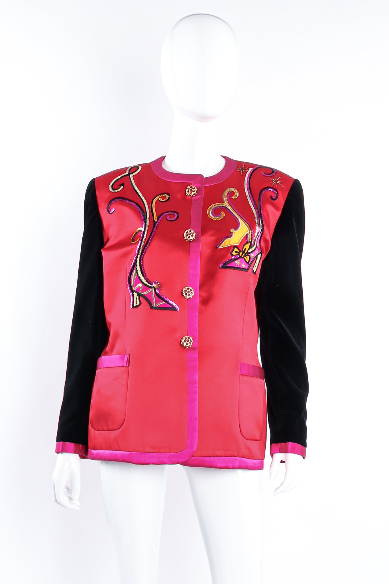 Vintage Escada Satin Shoe Embellished Collarless Jacket on Mannequin front at Recess Los Angeles