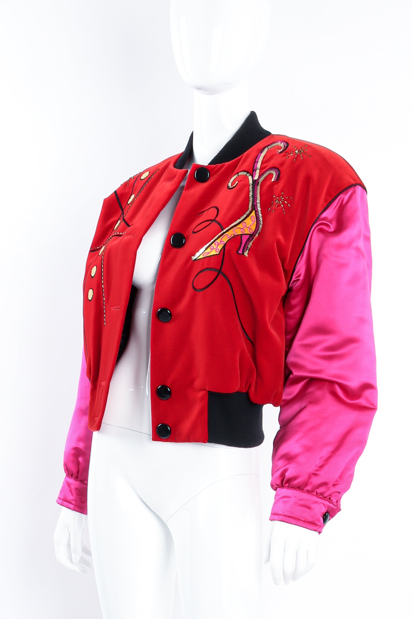 Vintage Escada Shoe Embellished Colorblock Bomber Jacket on mannequin open at Recess Los Angeles