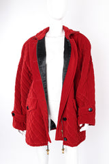 Vintage Escada Carmine Quilted Velvet Parka on Mannequin open at Recess Los Angeles