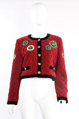 Vintage Escada Embellished Clock Quilted Velvet Bomber on mannequin front at Recess Los Angeles