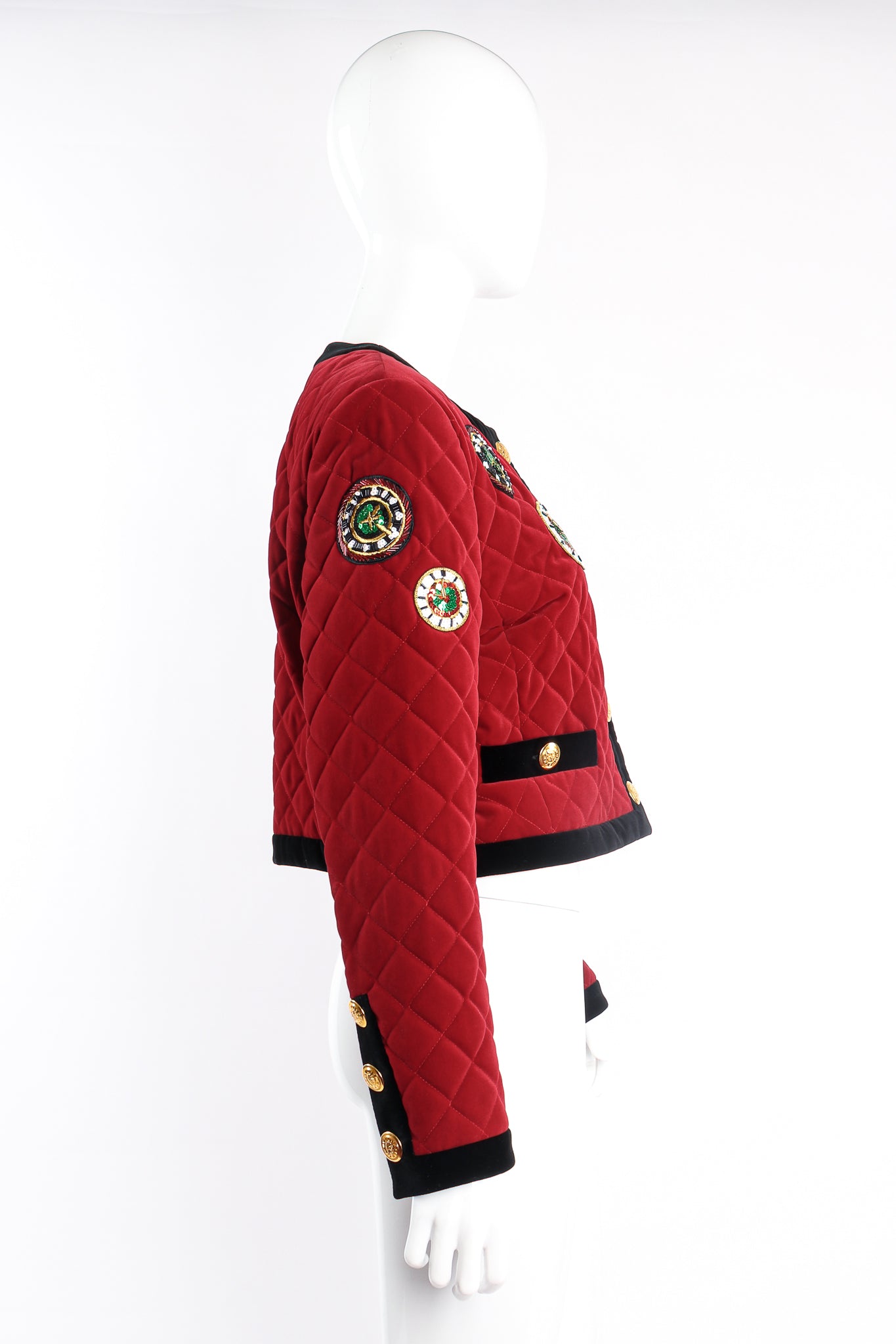 Vintage Escada Embellished Clock Quilted Velvet Bomber on mannequin side at Recess Los Angeles