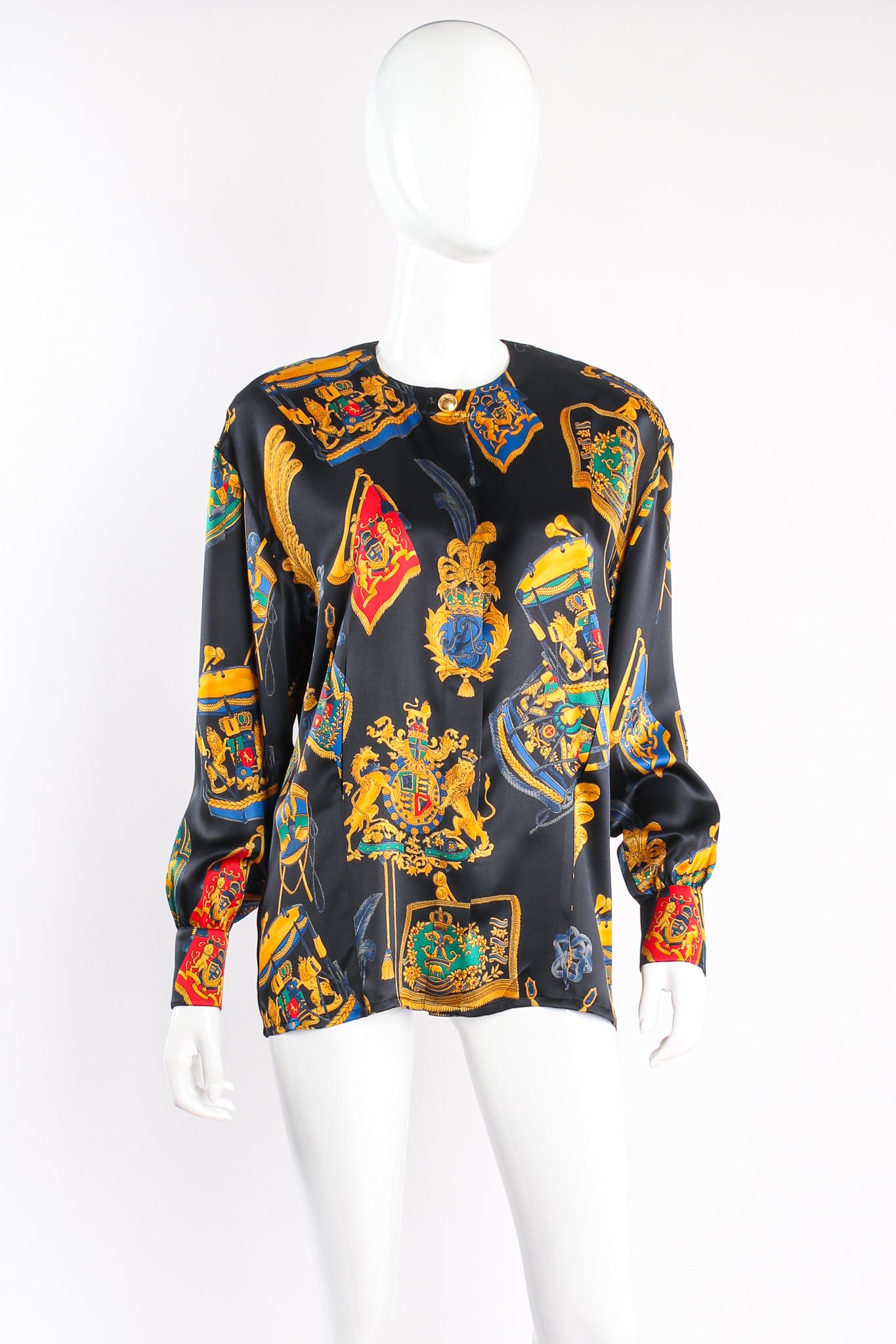 Vintage Escada Baroque Leo Flag & Drum Print Silk Blouse on mannequin front at Recess Los Angeles