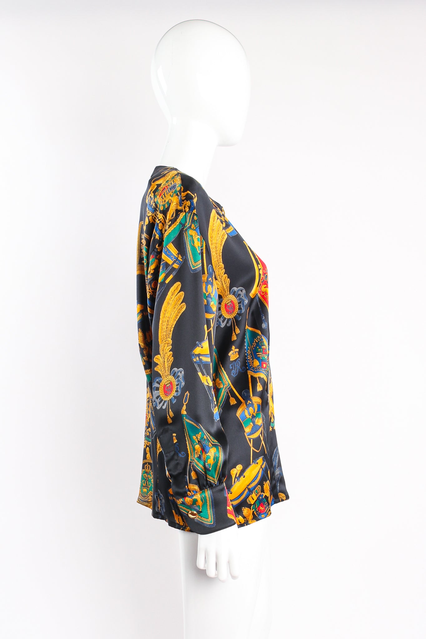 Vintage Escada Baroque Leo Flag & Drum Print Silk Blouse on mannequin side at Recess Los Angeles