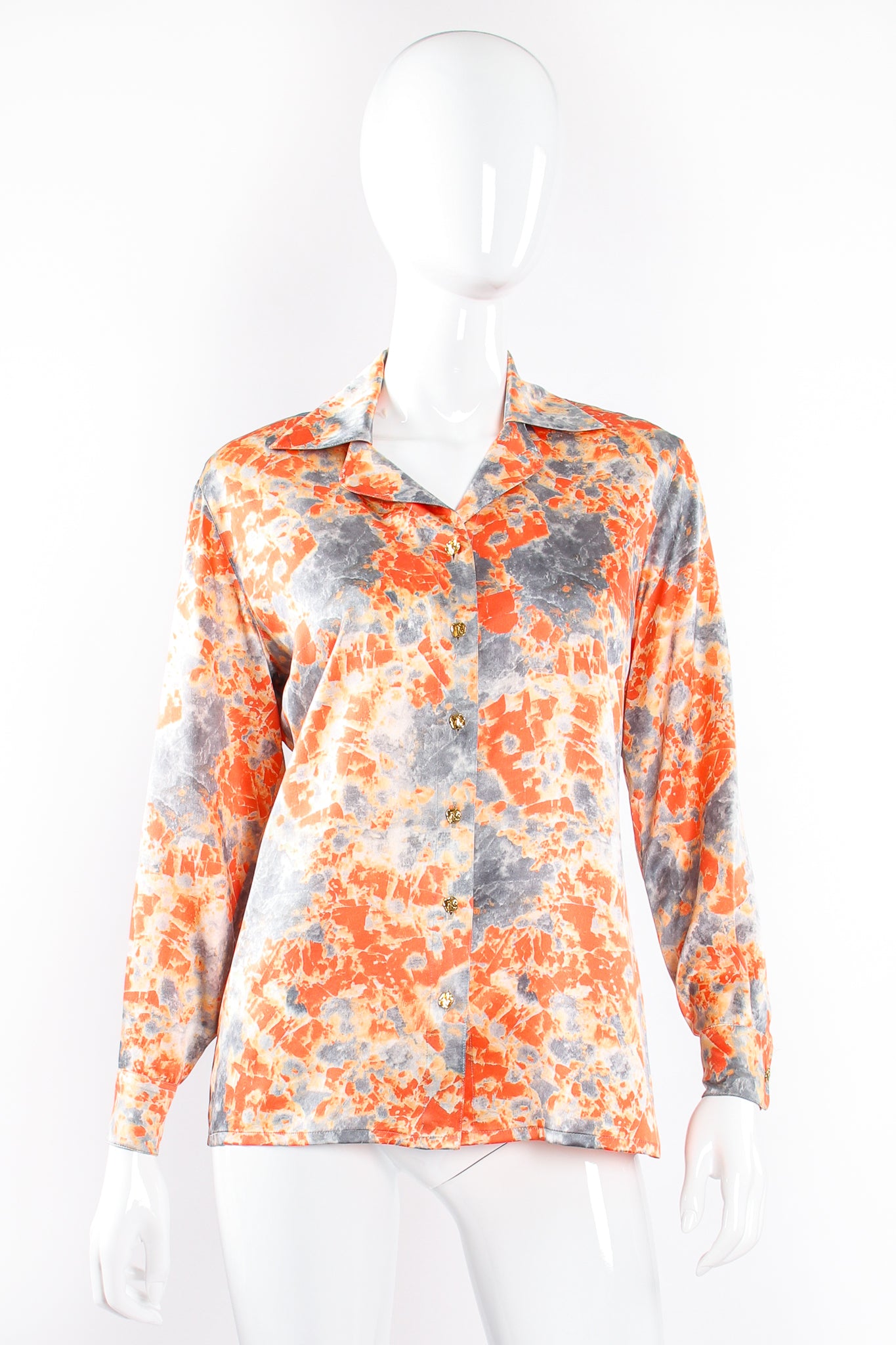 Vintage Escada Marble Splatter Print Silk Shirt on Mannequin front at Recess Los Angeles