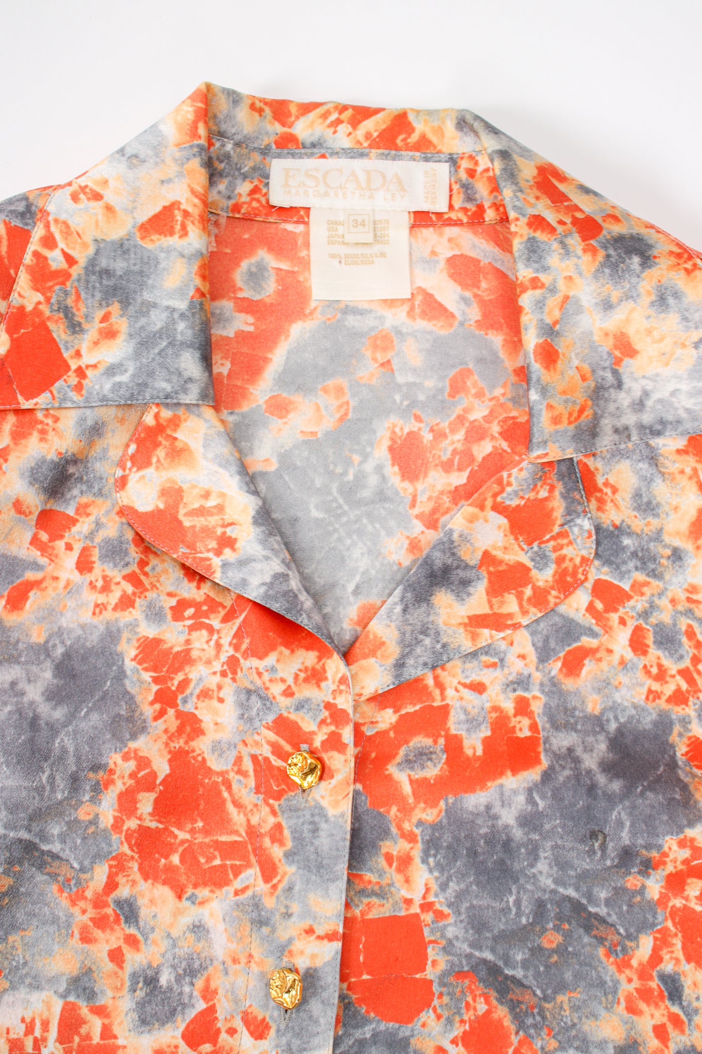 Vintage Escada Marble Splatter Print Silk Shirt collar at Recess Los Angeles