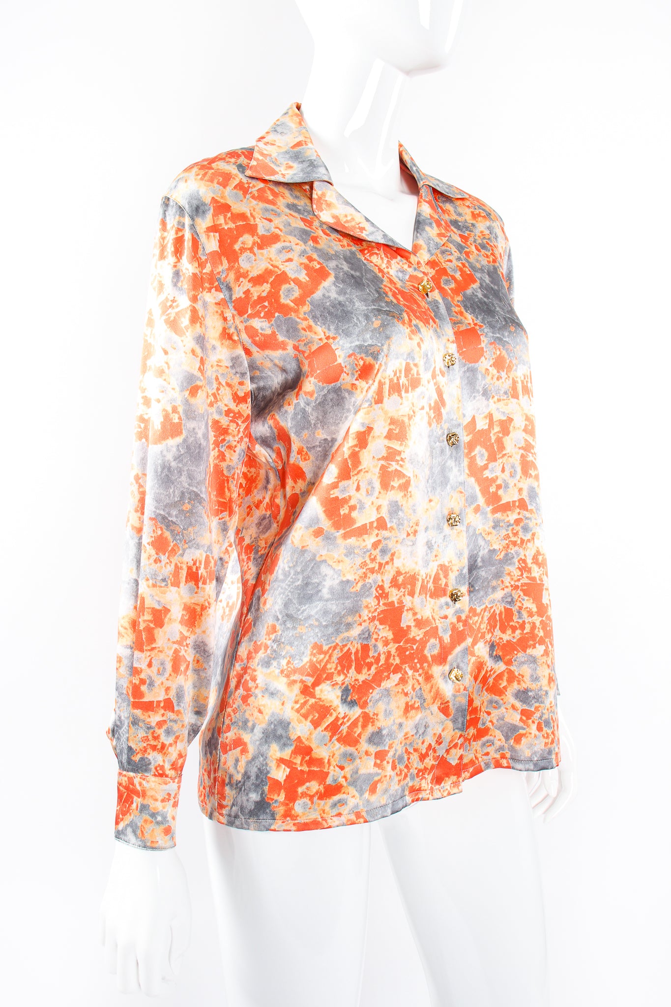 Vintage Escada Marble Splatter Print Silk Shirt on Mannequin angle at Recess Los Angeles