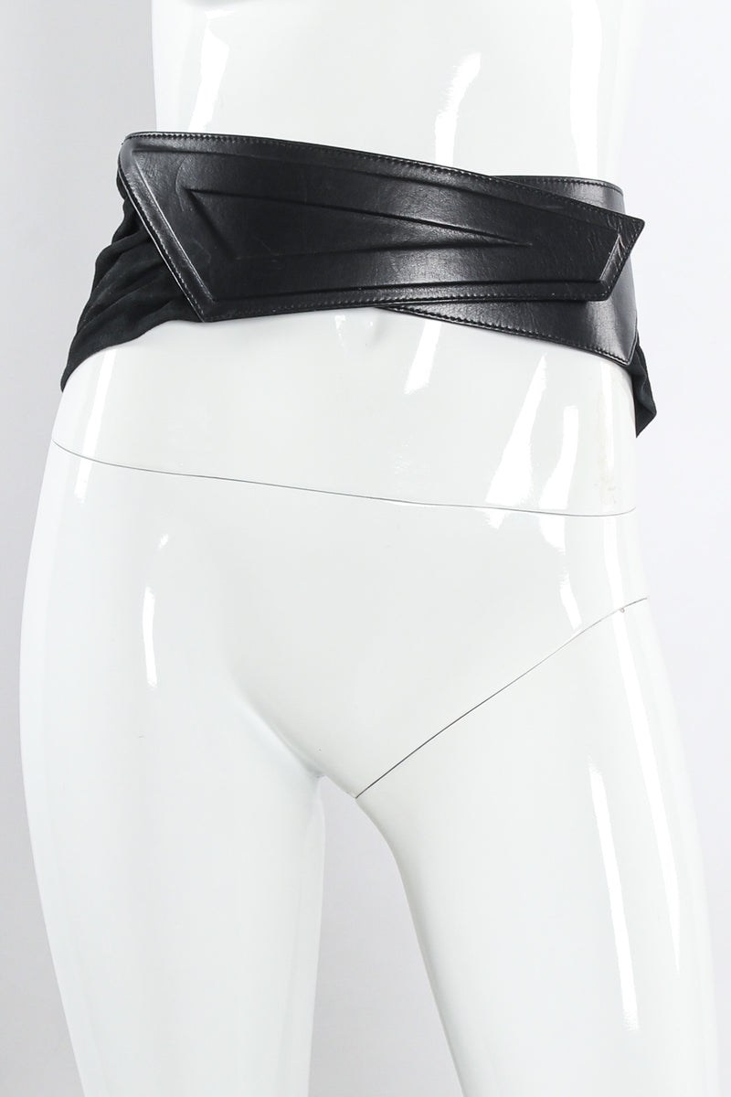 Suede and leather frame velcro wrap corset belt by Escada on mannequin @recessla