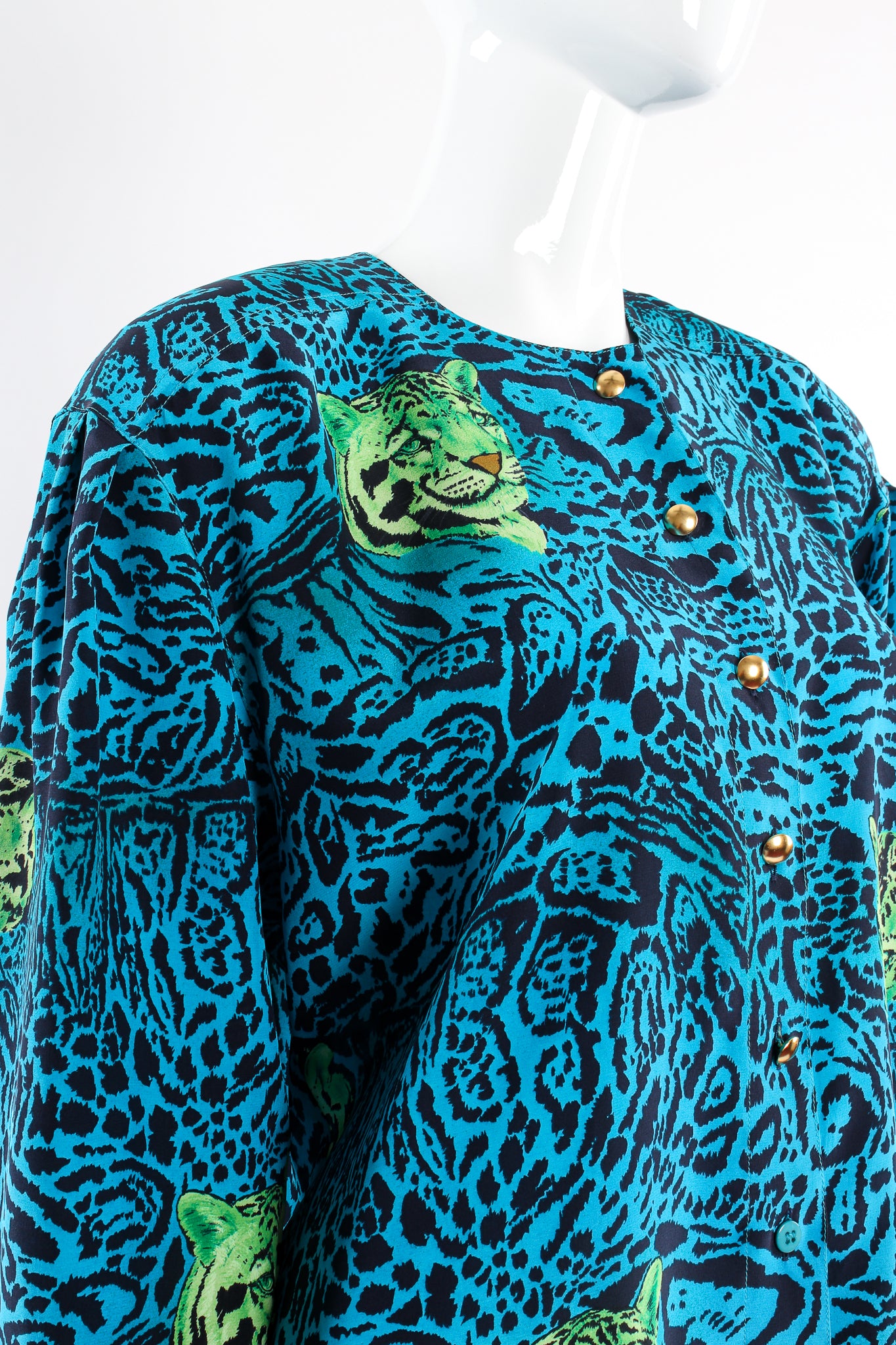 Vintage Escada Animal Print Tiger Shirt on Mannequin shoulder at Recess Los Angeles