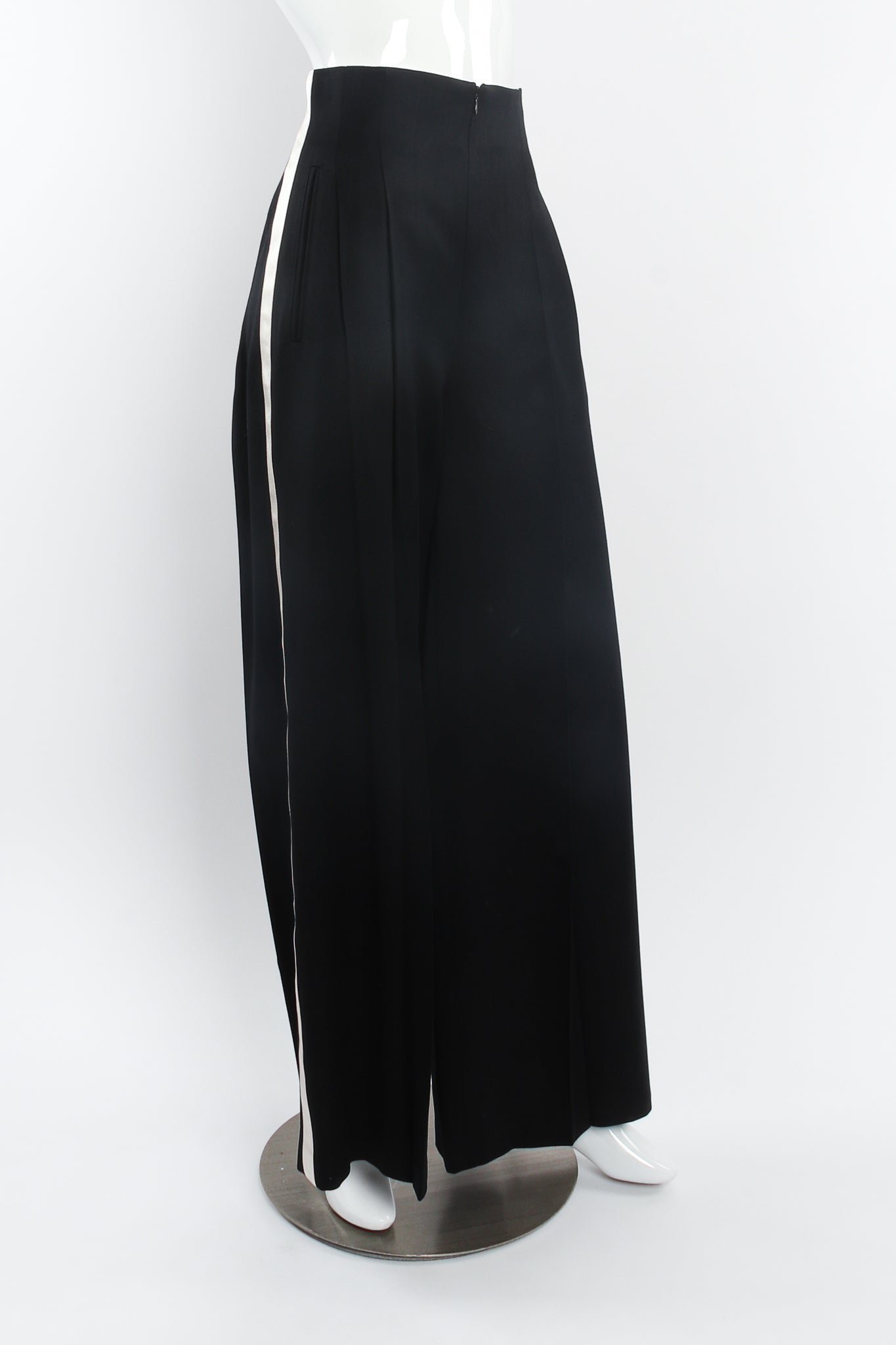 Vintage Escada Satin Trim Tuxedo Pant on Mannequin angle at Recess Los Angeles