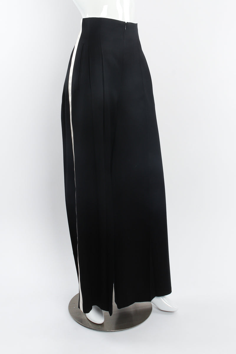 Vintage Escada Satin Trim Tuxedo Pant on Mannequin angle at Recess Los Angeles