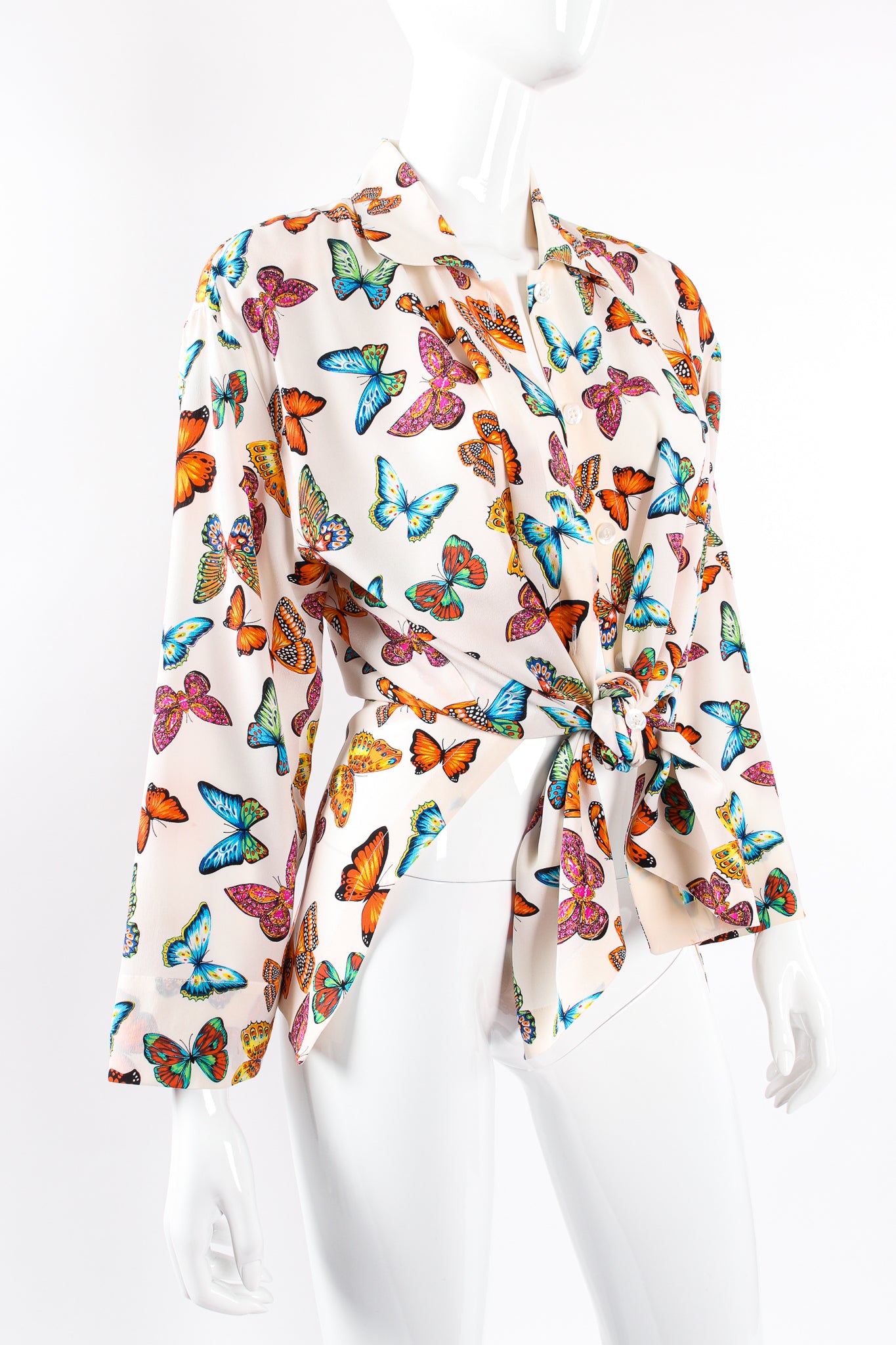 Vintage Escada Rainbow Butterfly Silk Tunic Blouse on Mannequin tie at Recess Los Angeles