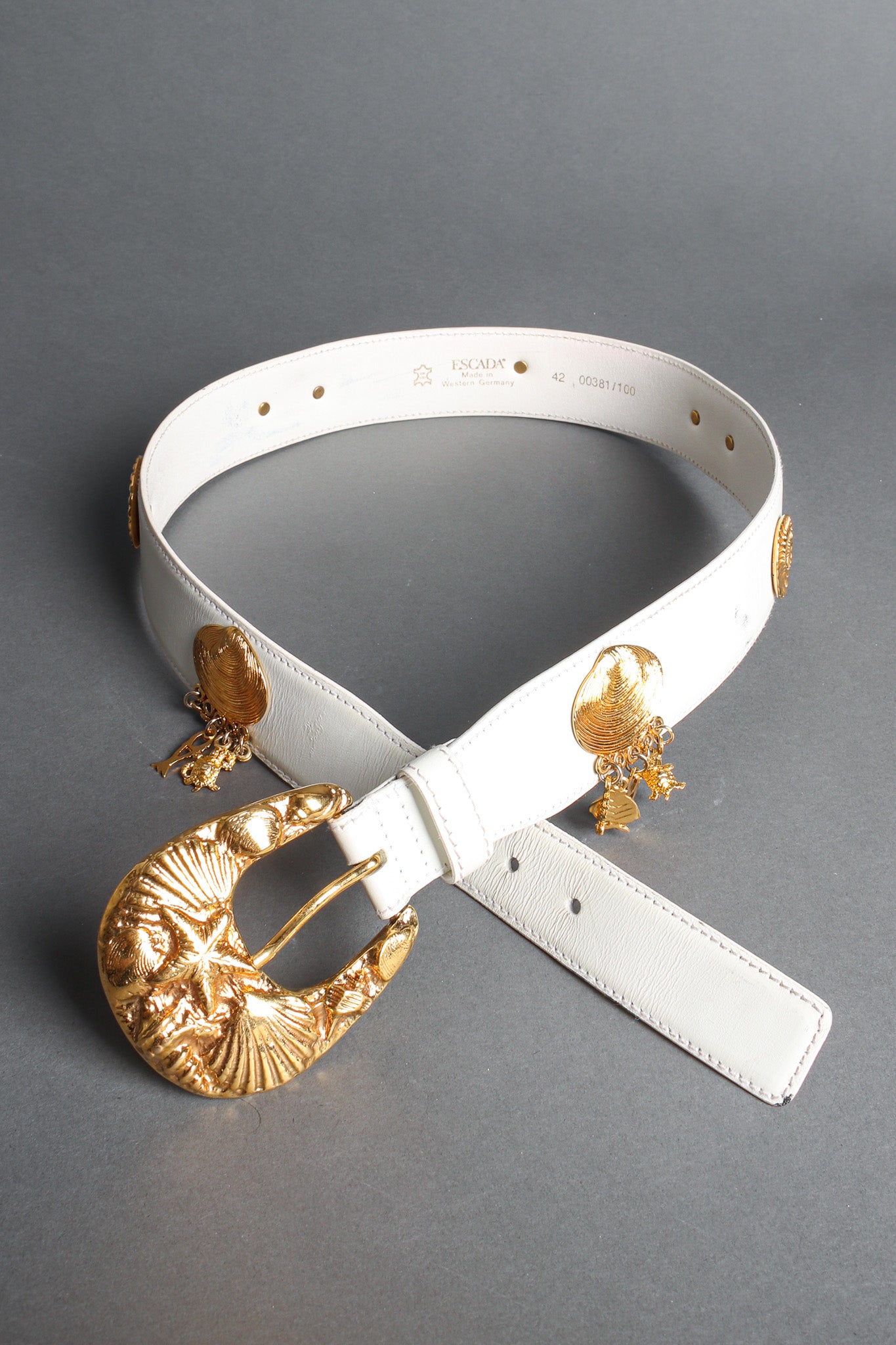 belt with seashell studs by Escada flat lay loop view @recessla