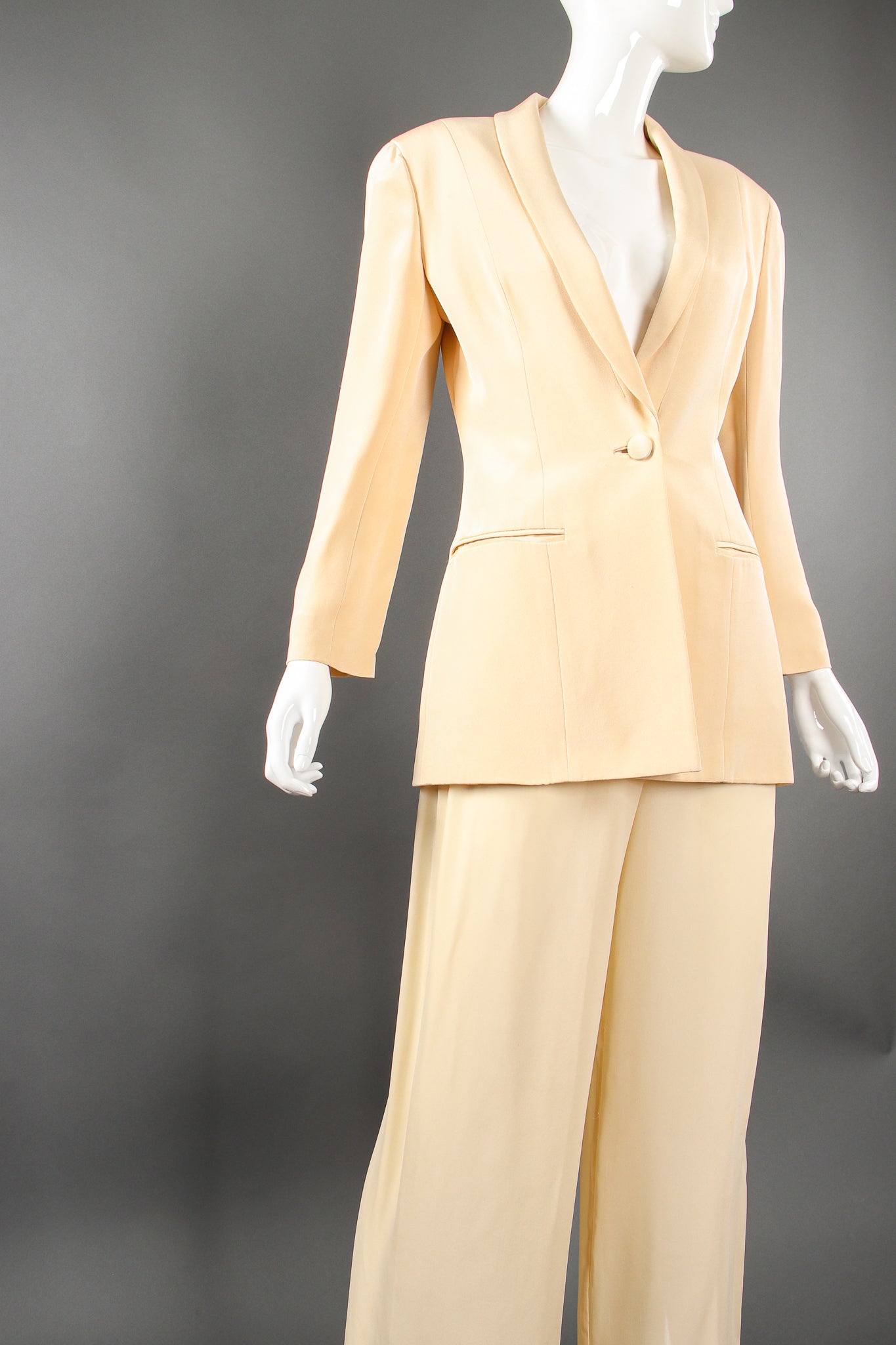 Vintage Eva Chun Silk Jacket & Chiffon Pant Suit Set on Mannequin crop at Recess Los Angeles