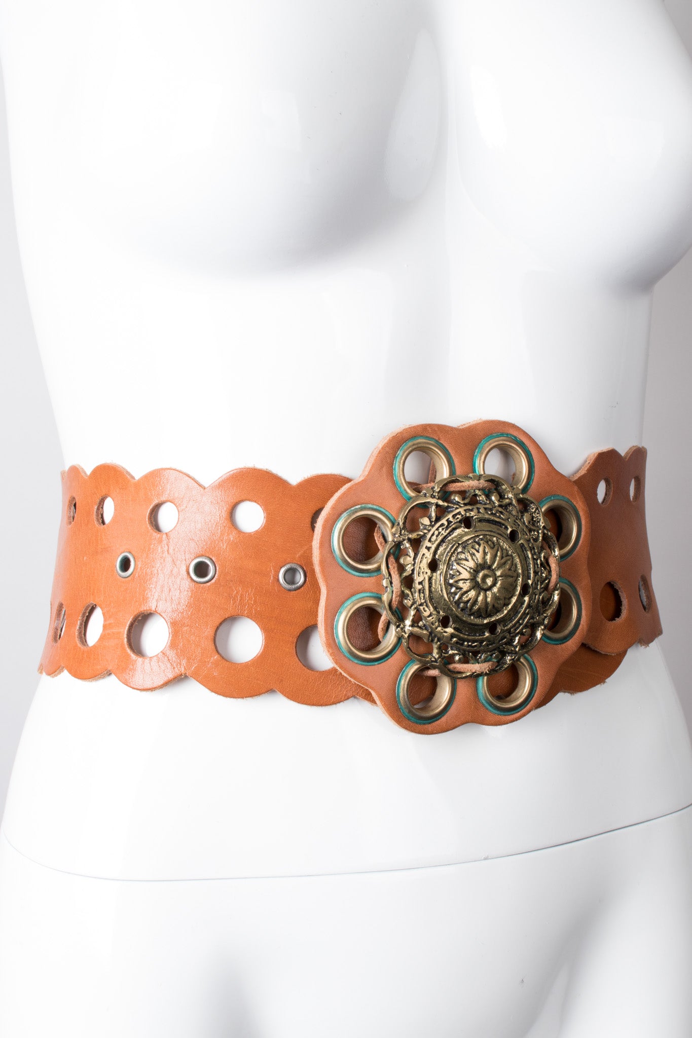 Vintage Grecian Leather Eyelet Medallion Belt