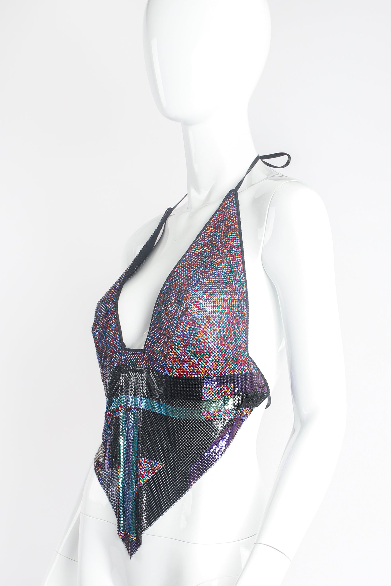 Vintage Anthony Ferrara Rainbow Swarovski Metal Mesh Halter Top on Mannequin Angle at Recess LA