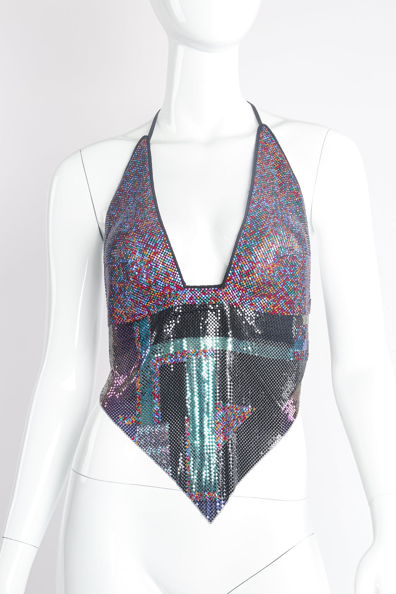 Vintage Anthony Ferrara Rainbow Swarovski Metal Mesh Halter Top on Mannequin Front at Recess LA