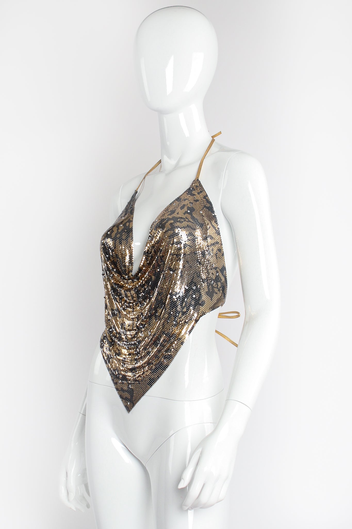 Vintage Anthony Ferrara Swarovski Animal Metal Mesh Halter Top on Mannequin Angle at Recess LA