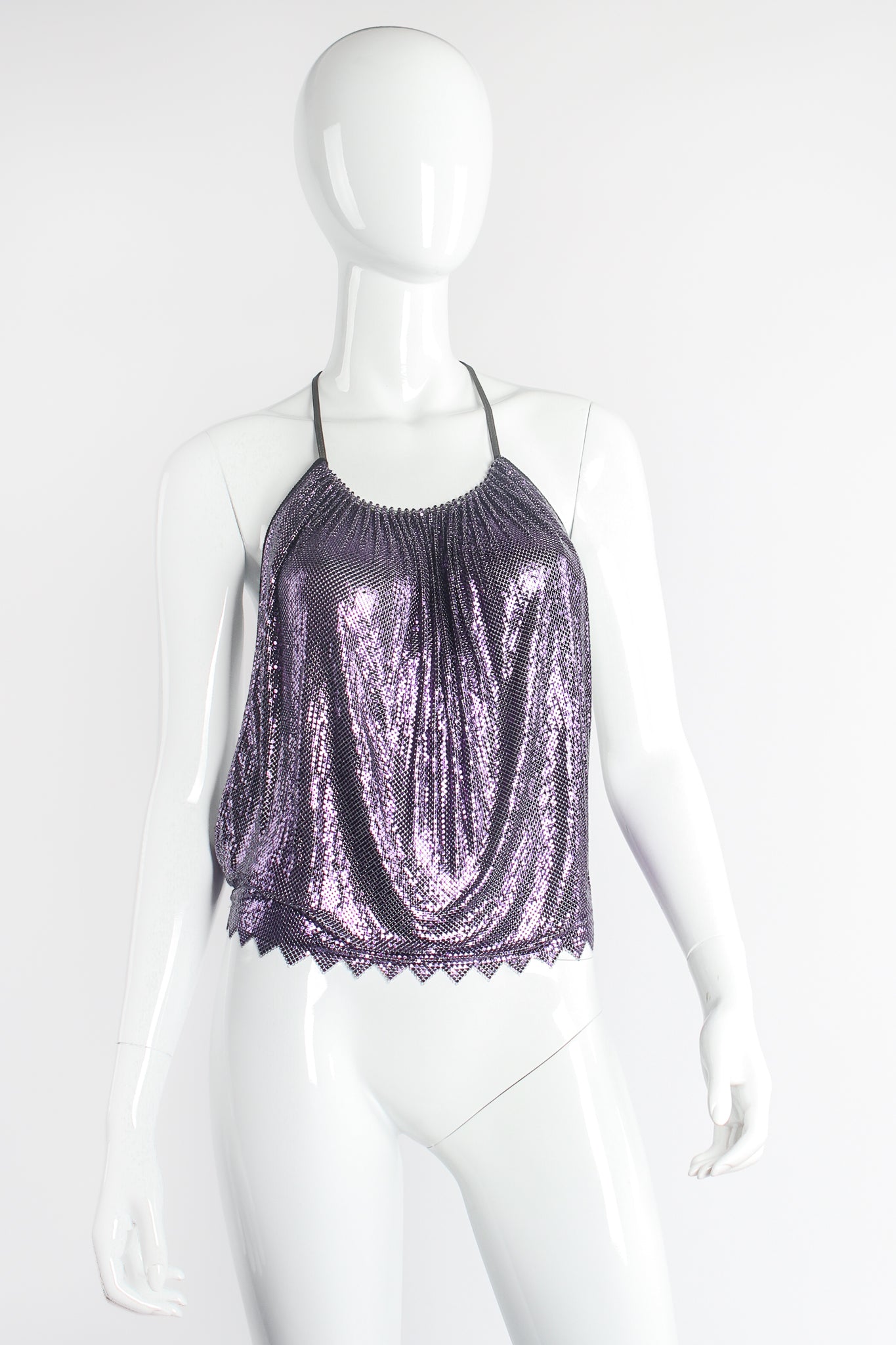 Vintage Anthony Ferrara Glossy Metal Mesh Halter Top on Mannequin Front at Recess LA