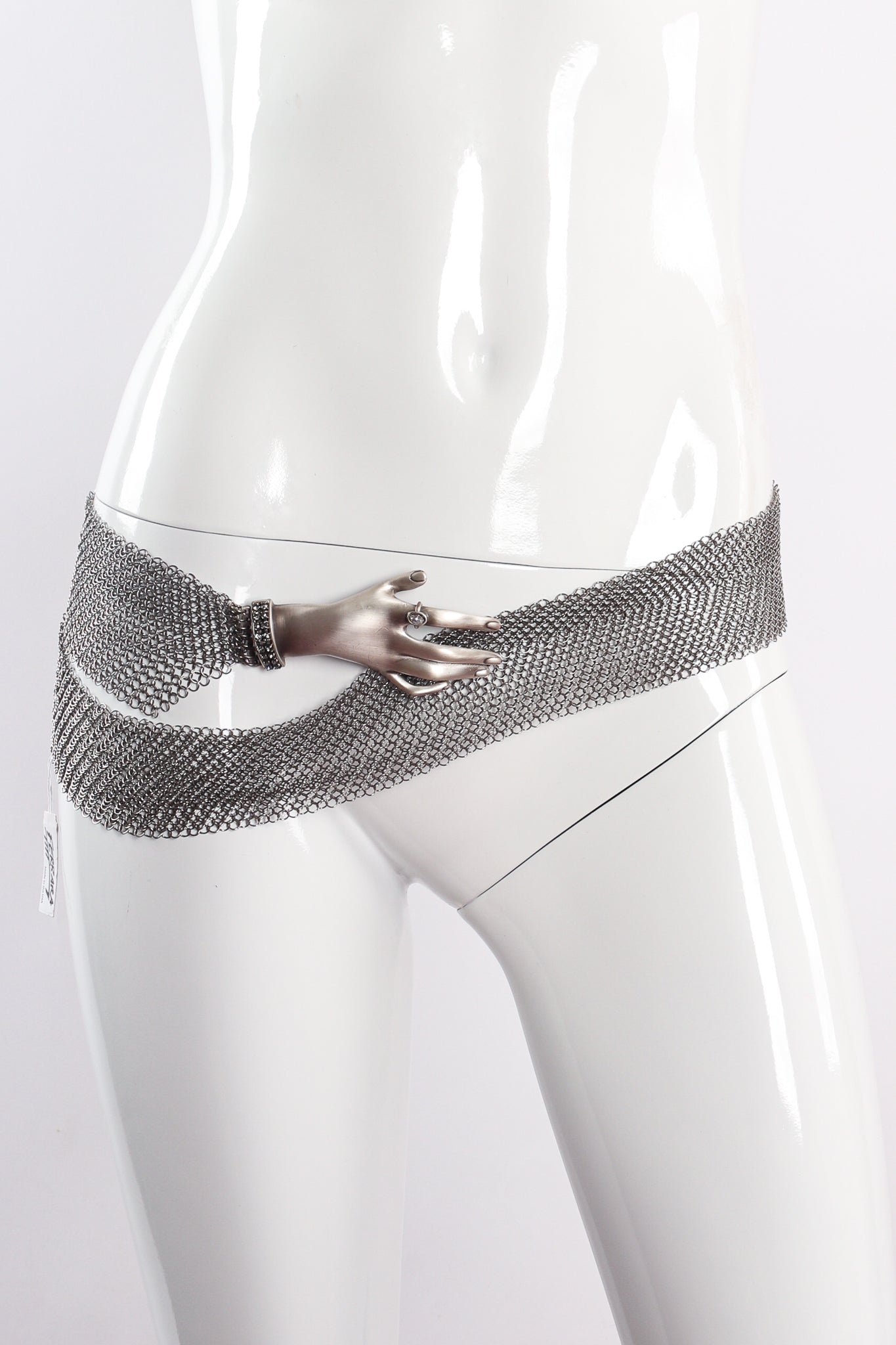 Vintage Anthony Ferrara Pewter Hand Buckle Mesh Wrap Belt on mannequin at Recess Los Angeles