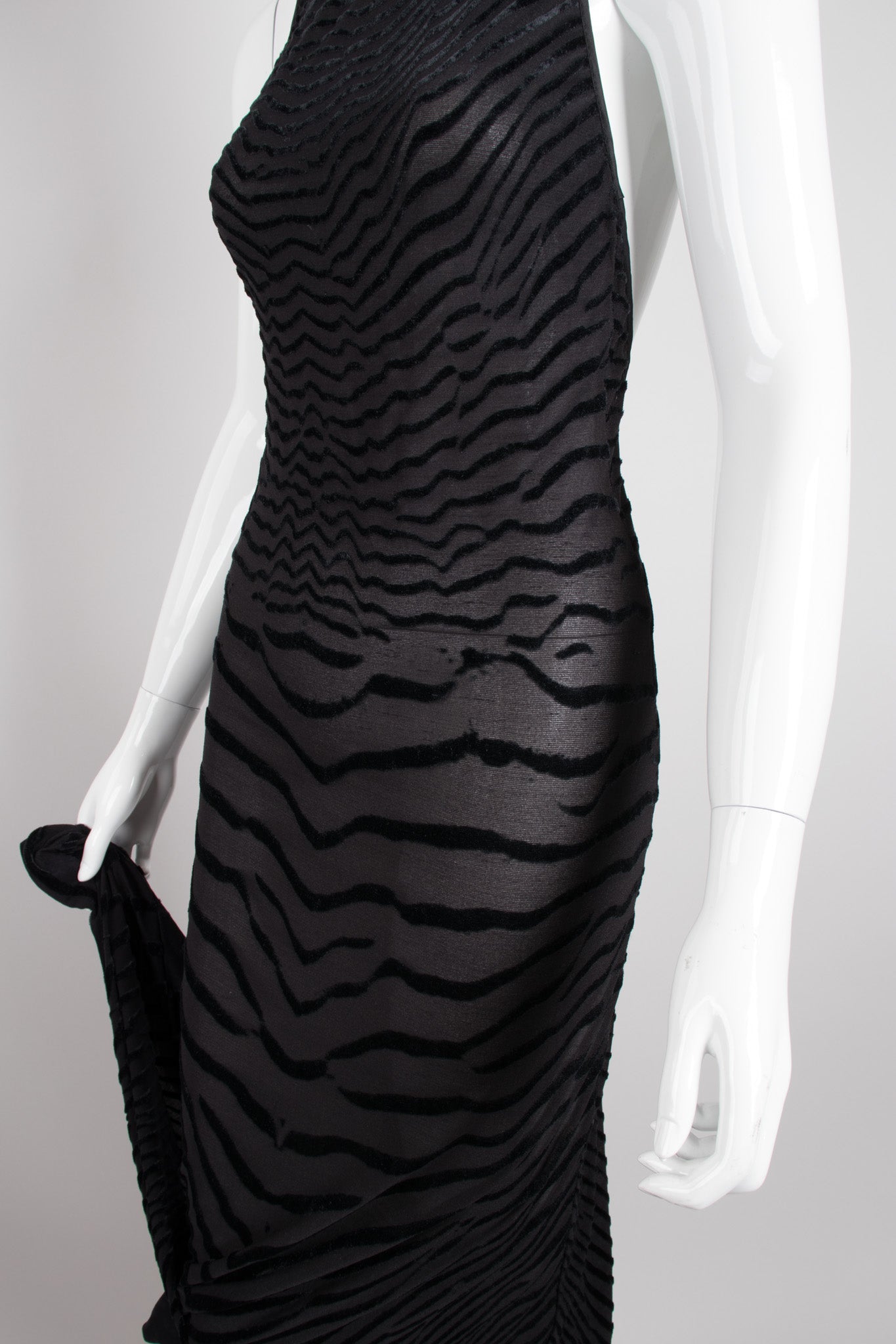 Fred Hayman Sheer Burnout Velvet Jersey Tiger Backless Halter Gown