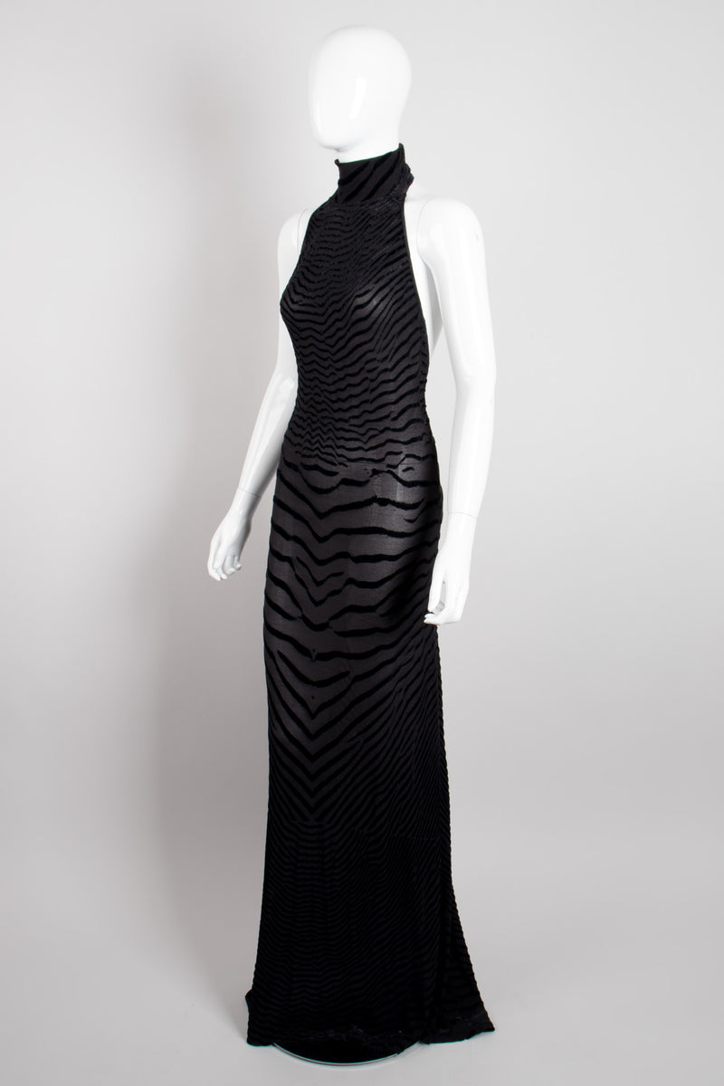 Fred Hayman Sheer Burnout Velvet Jersey Tiger Backless Halter Gown